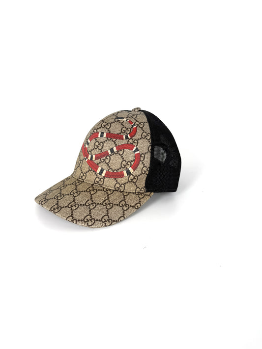 GUCCI Supreme Monogram Kingsnake Print Brown Black Trucker Baseball Cap Hat XS 57cm