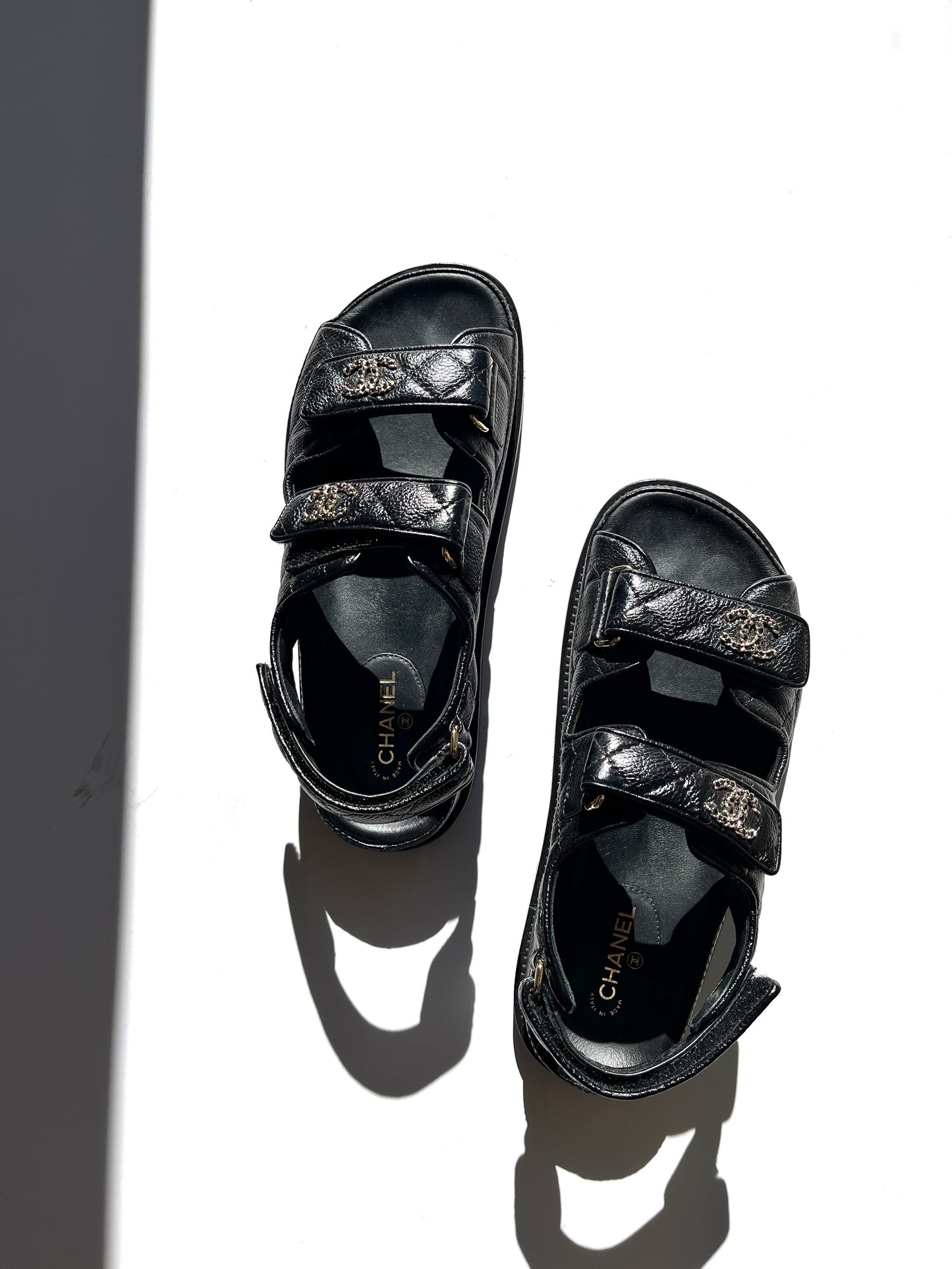 CHANEL Dad Caviar CC Logo Black Leather Sandals 37, 6.5