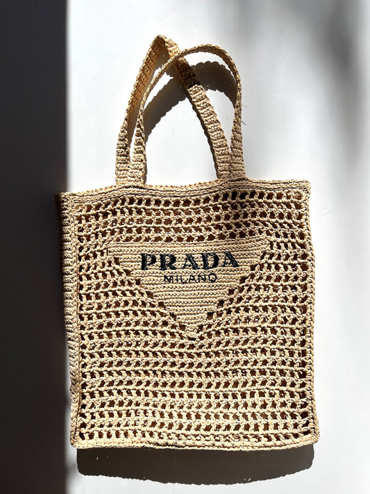 PRADA Raffia Grass Beige Natural Logo Tote Shoulder Bag