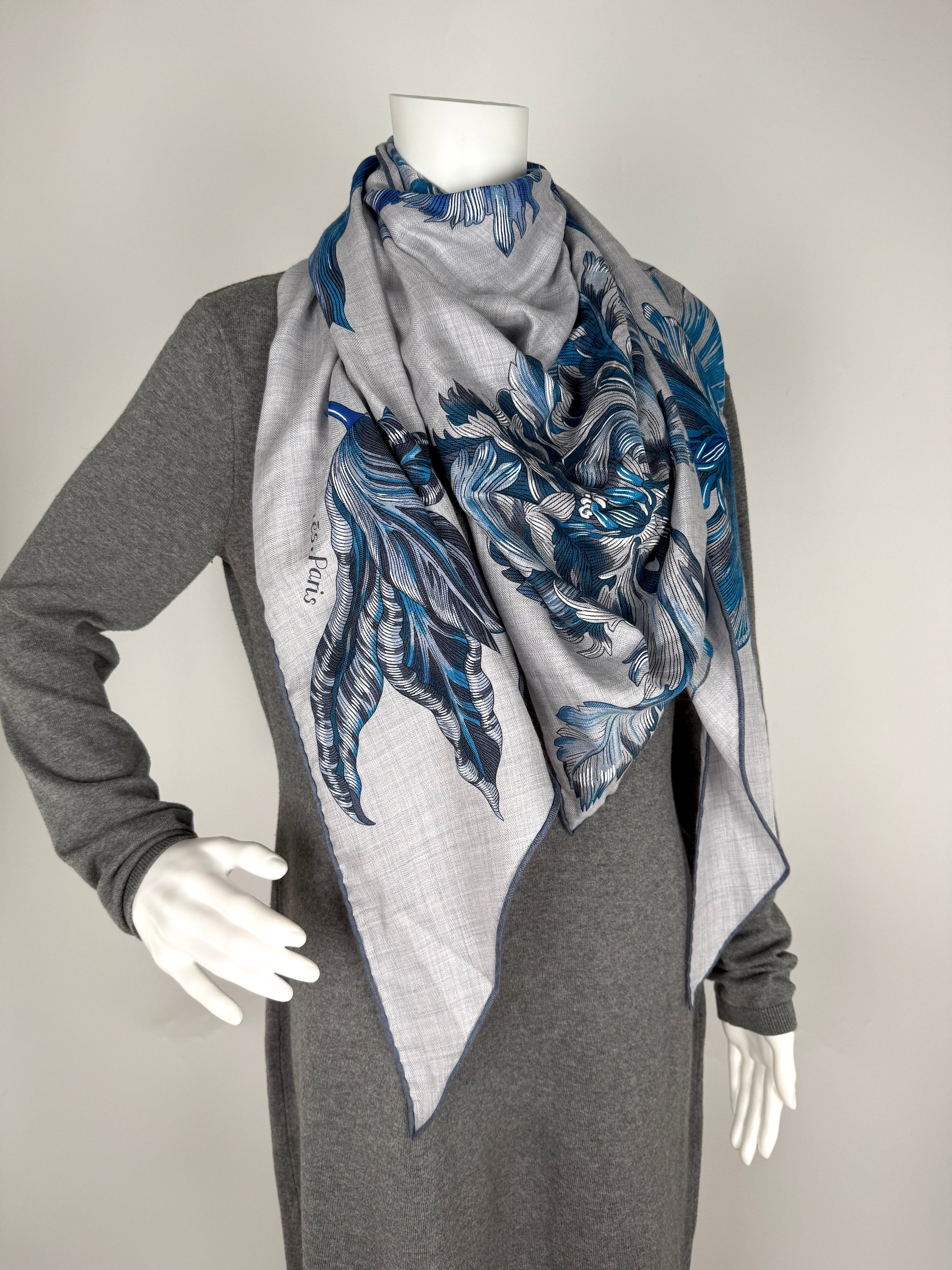 HERMES Tulipomanie Giant Triangle Gray Blue Cashmere Silk Scarf