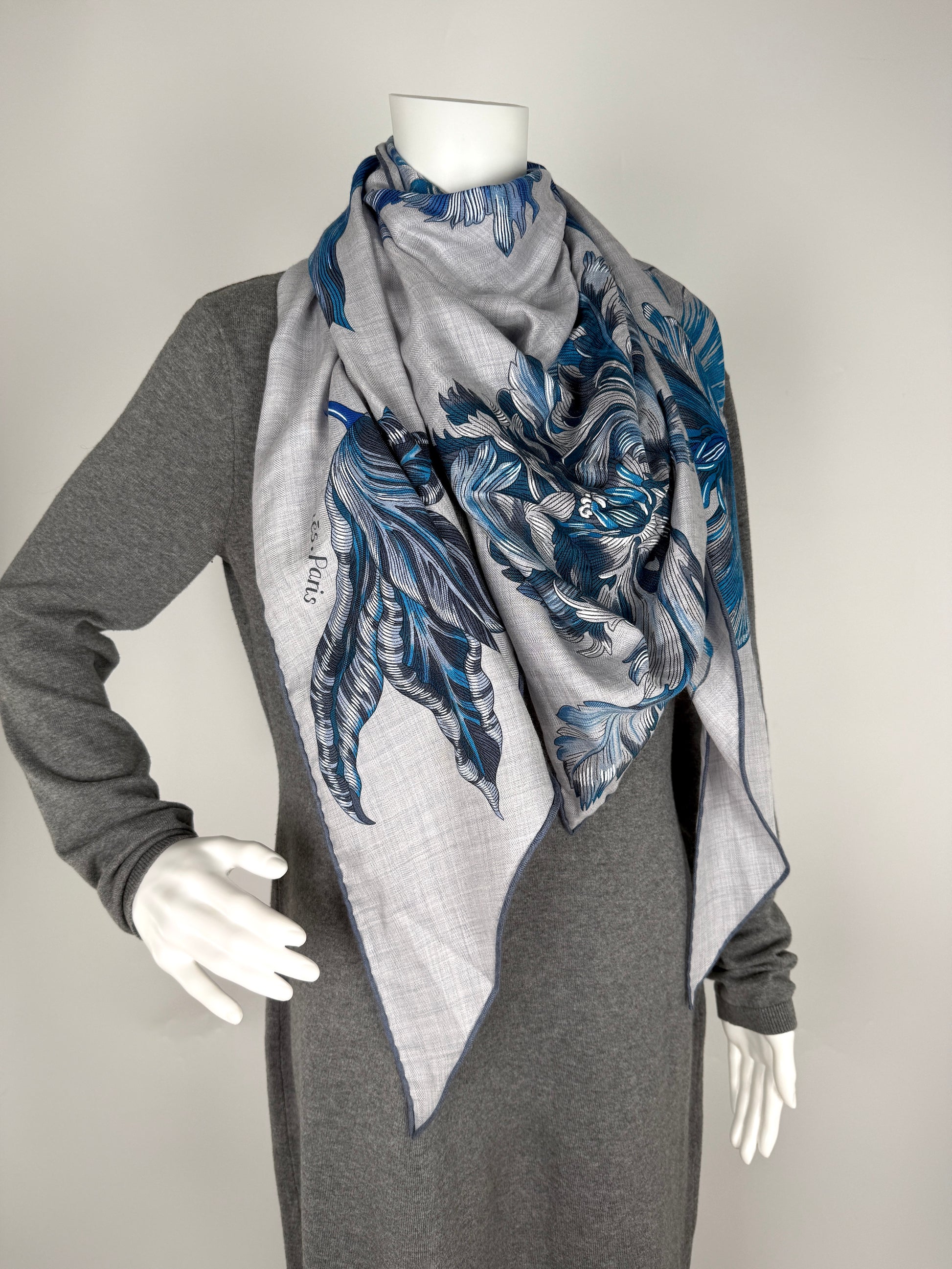 HERMES Tulipomanie Giant Triangle Gray Blue Cashmere Silk Scarf New with tag