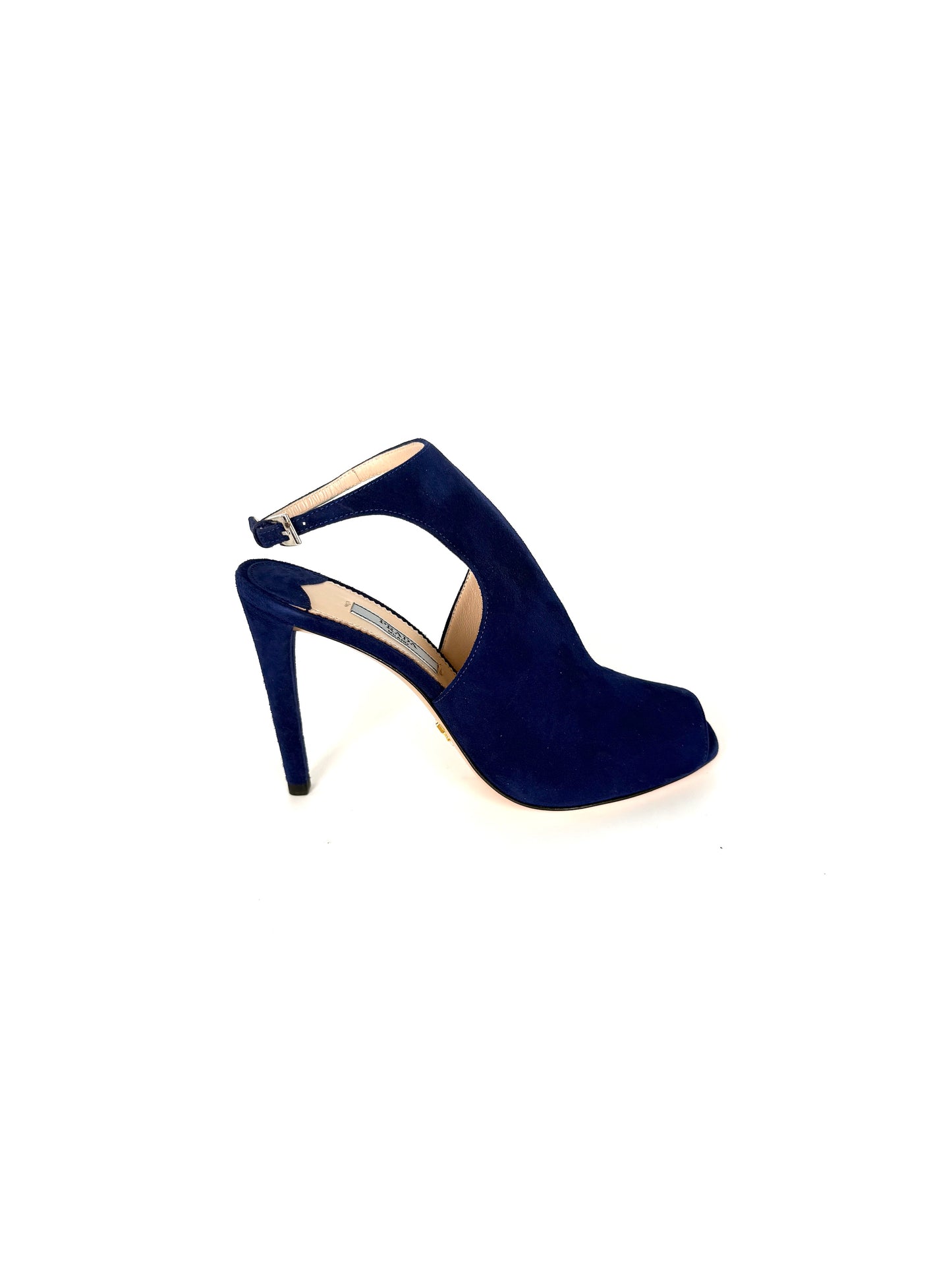 Prada Royal Blue Suede Camoscio Cut out High Heel Sandals 37.5 7 