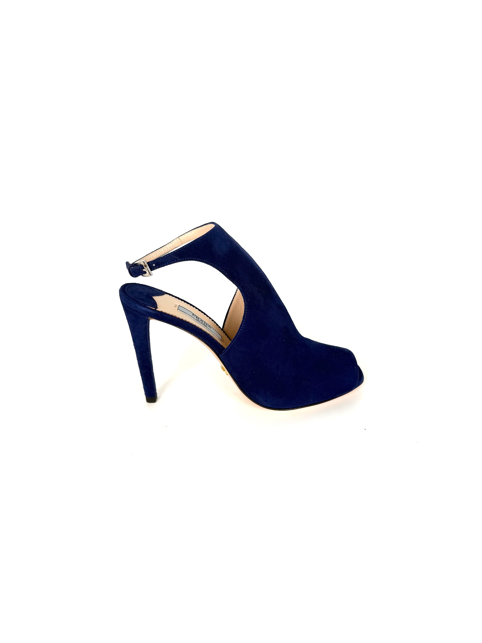 Prada Royal Blue Suede Camoscio Cut out High Heel Sandals 37.5 7 