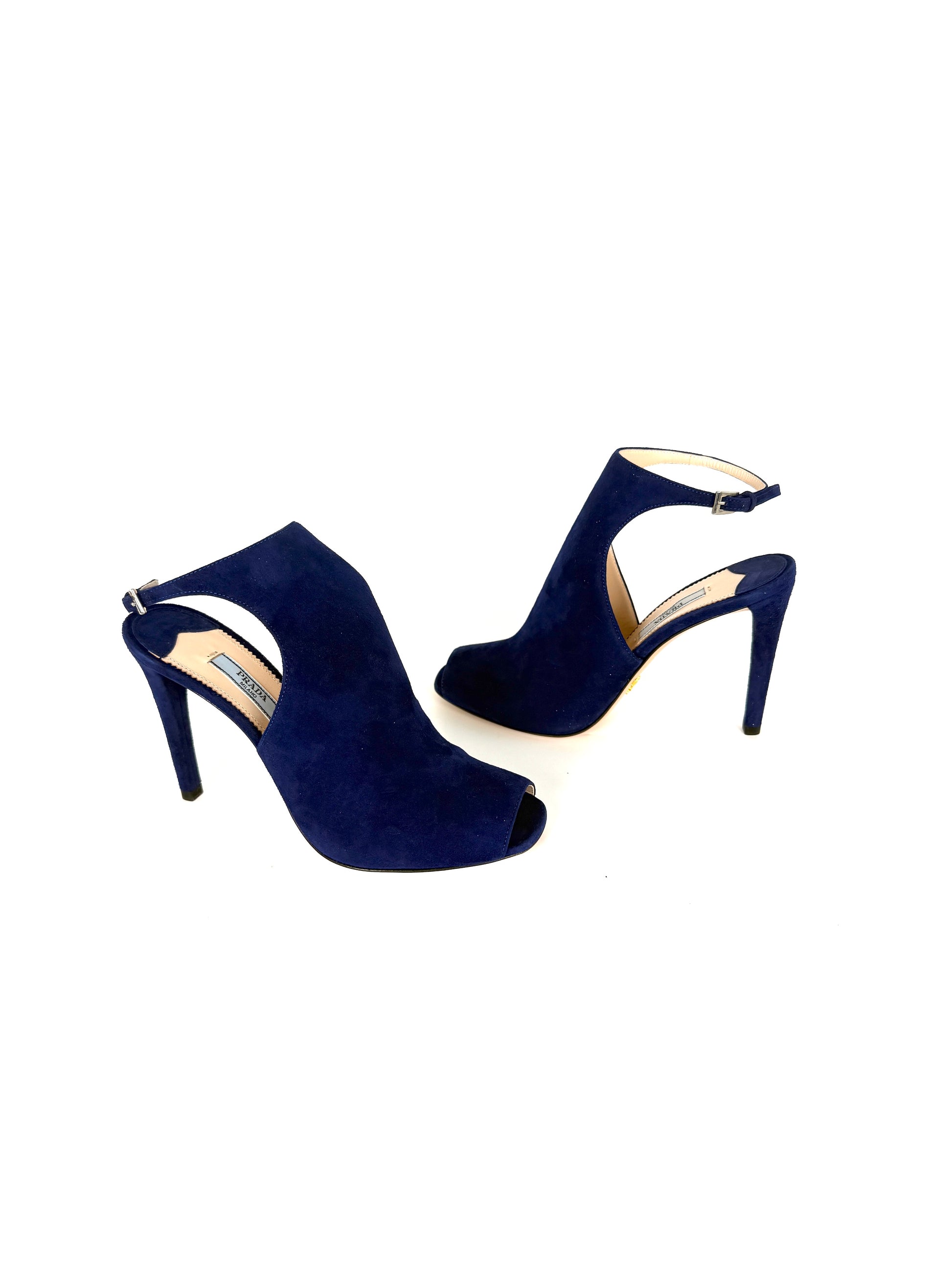Prada Royal Blue Suede Camoscio Cut out High Heel Sandals 37.5 7 