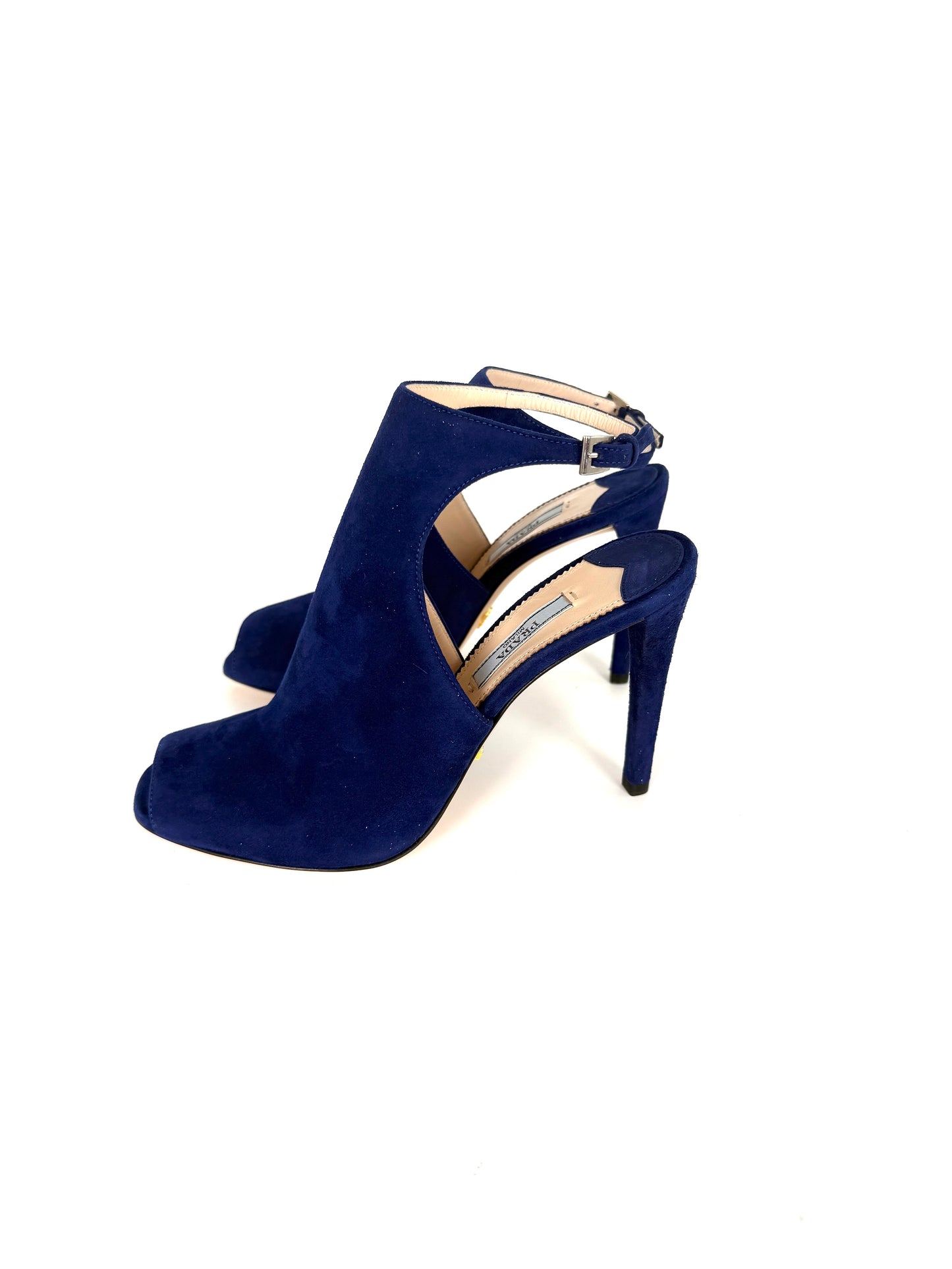 Prada Royal Blue Suede Camoscio Cut out High Heel Sandals 37.5 7
