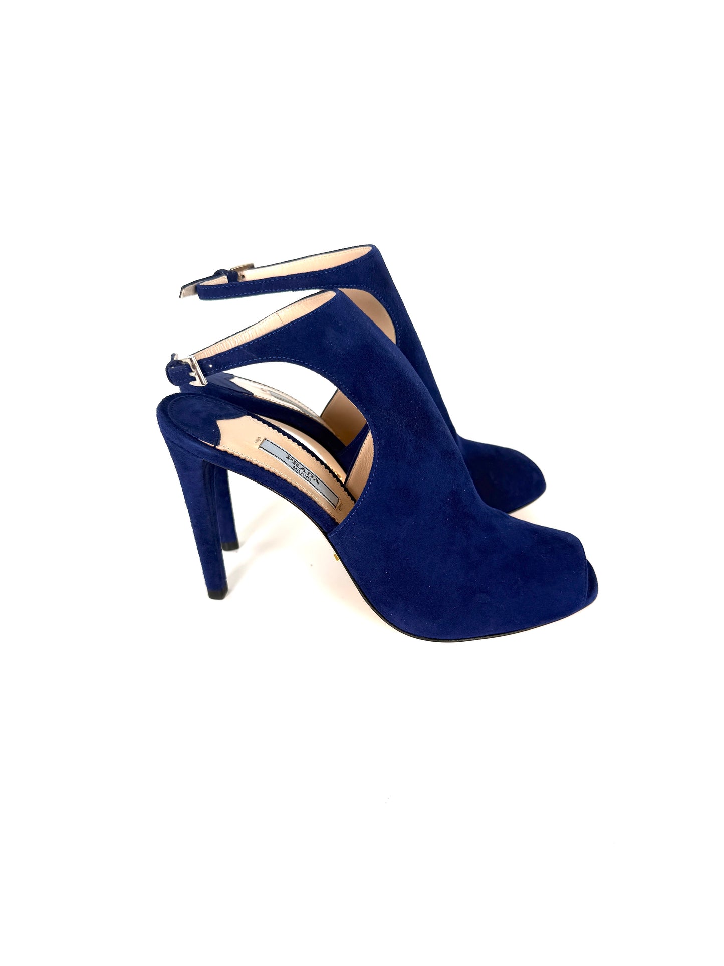 Prada Royal Blue Suede Camoscio Cut out High Heel Sandals 37.5 7