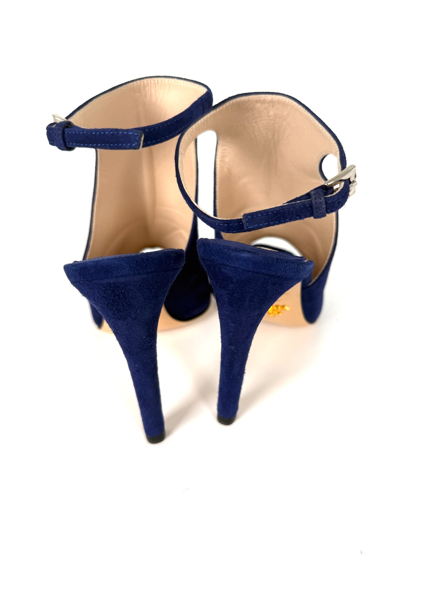 Prada Royal Blue Suede Camoscio Cut out High Heel Sandals 37.5 7