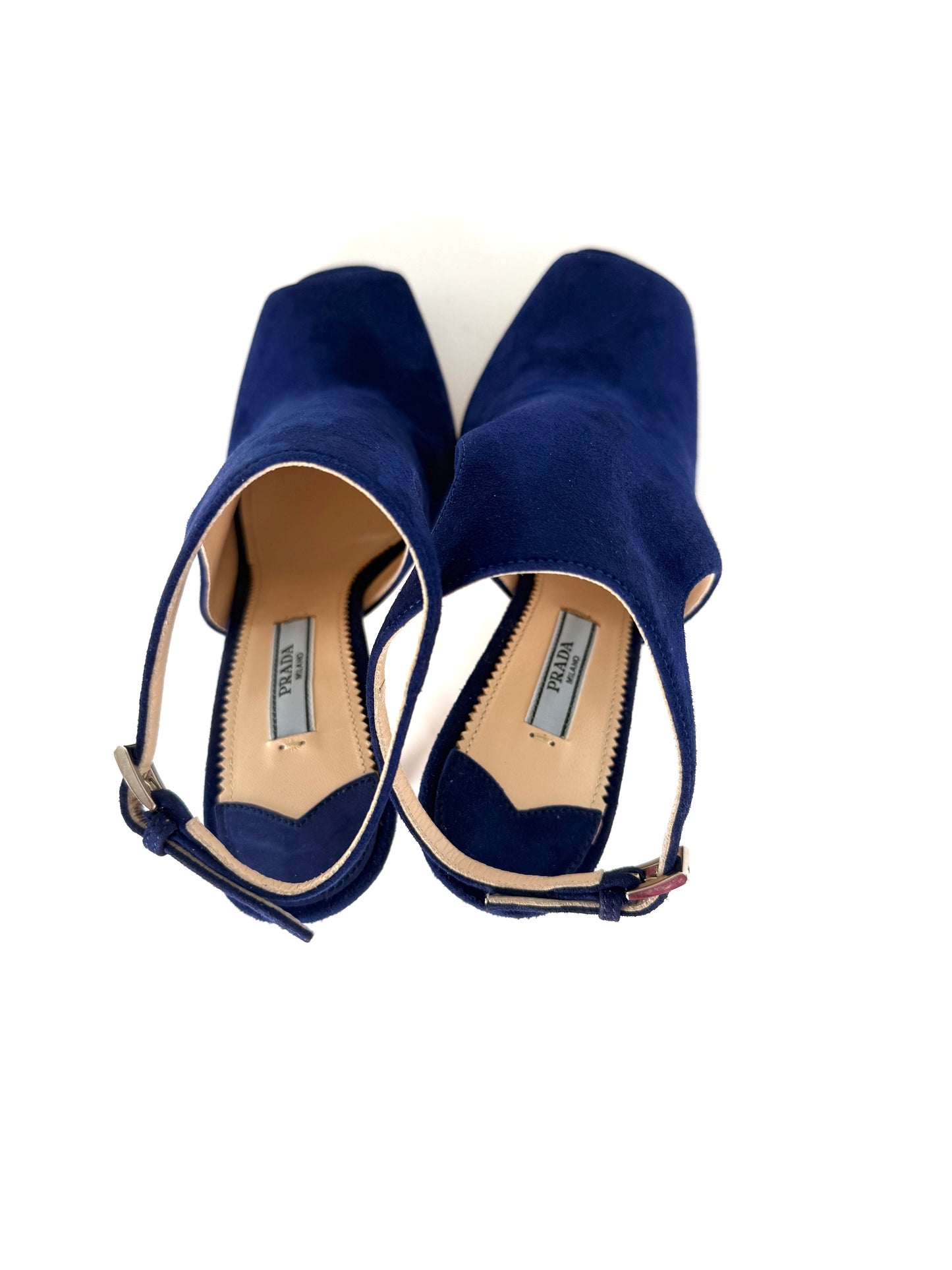 Prada Royal Blue Suede Camoscio Cut out High Heel Sandals 37.5 7