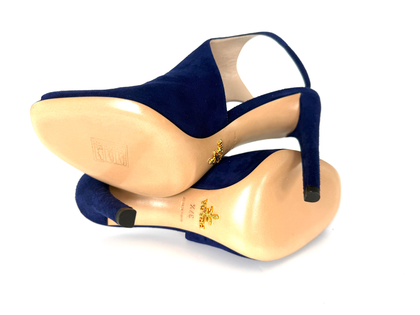 Prada Royal Blue Suede Camoscio Cut out High Heel Sandals 37.5 7