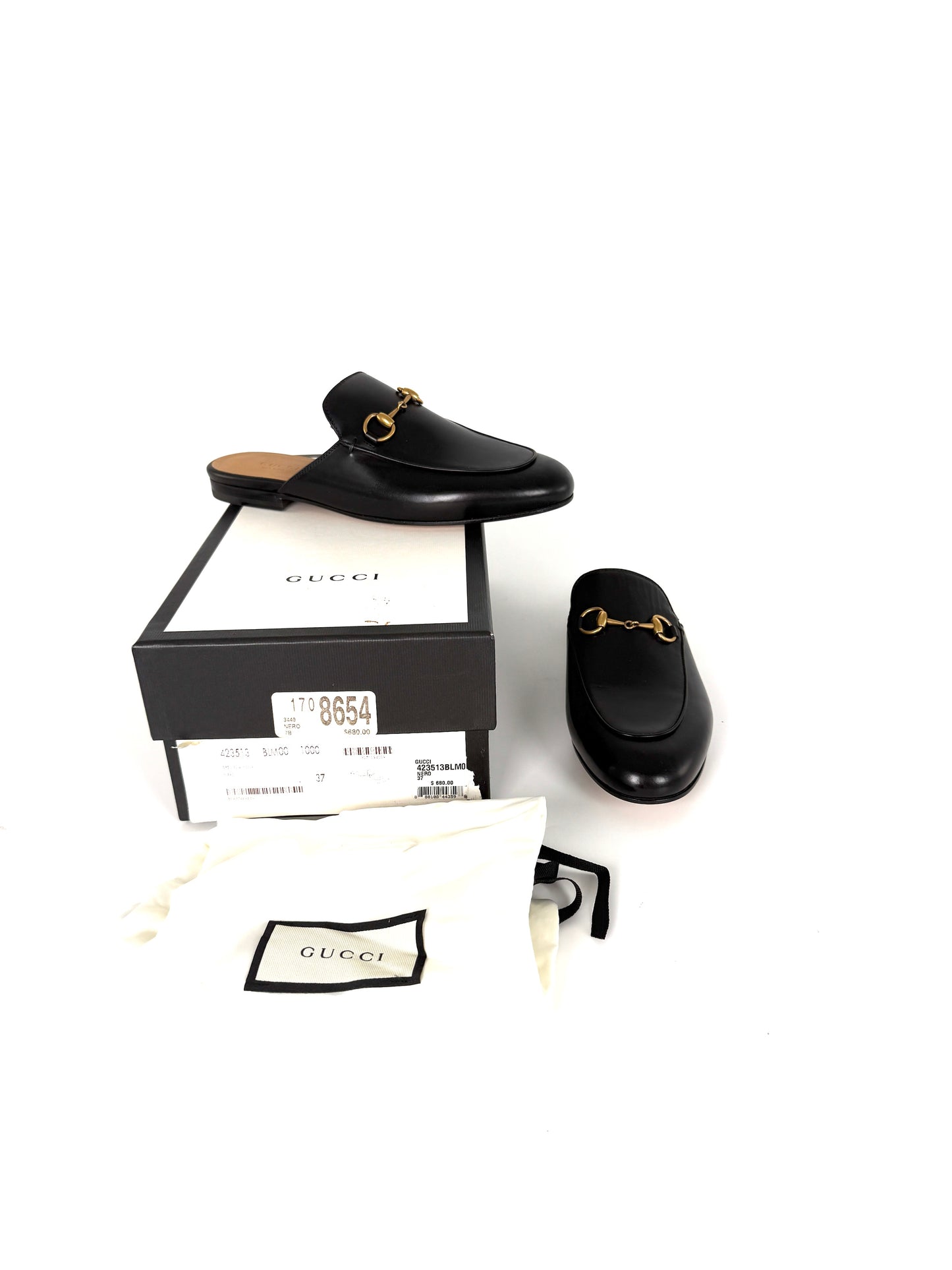 GUCCI Princetown Horsebit Accent Black Leather Slipper Mules 37 7 New