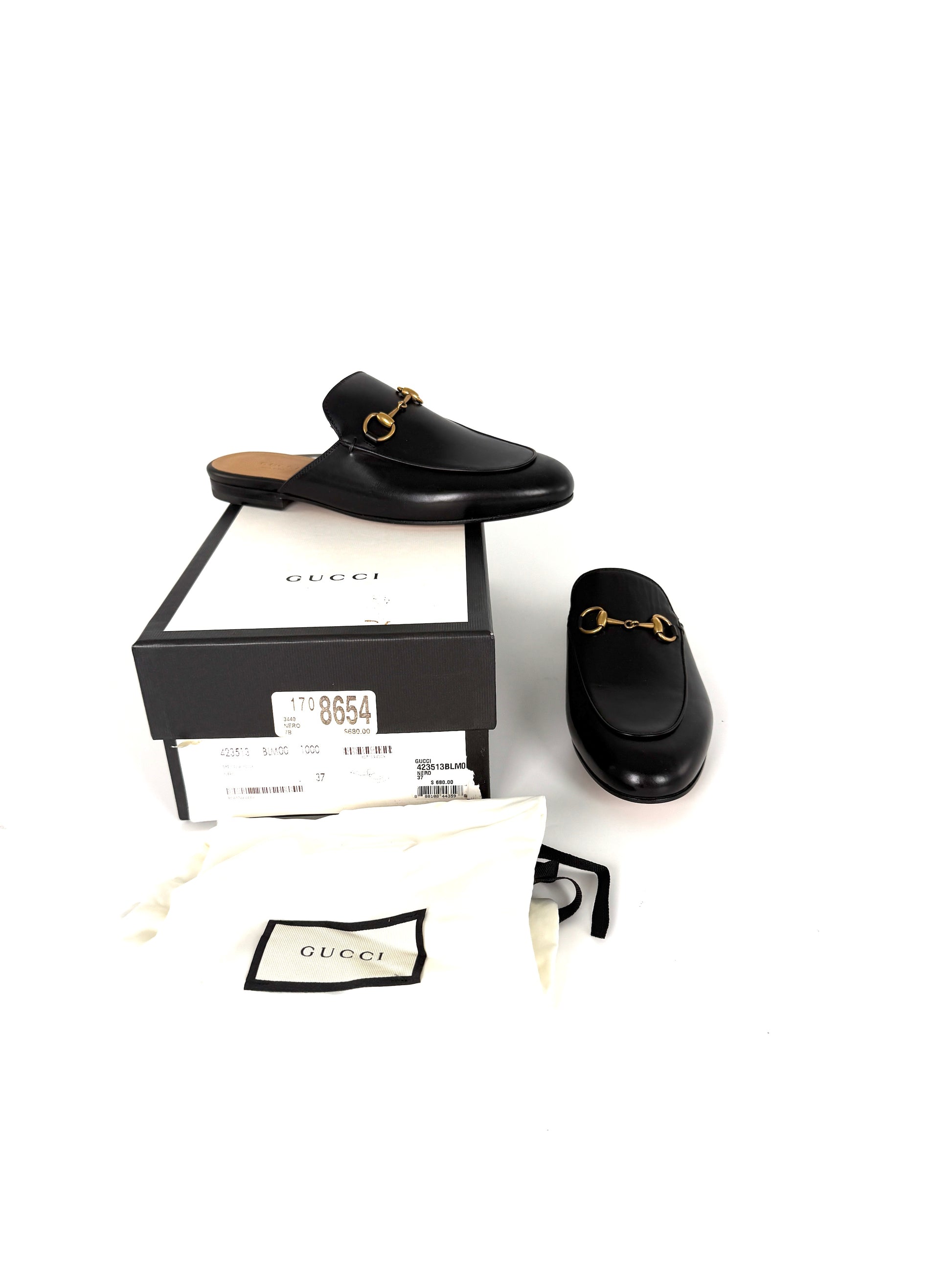 GUCCI Princetown Horsebit Accent Black Leather Slipper Mules 37 7 New