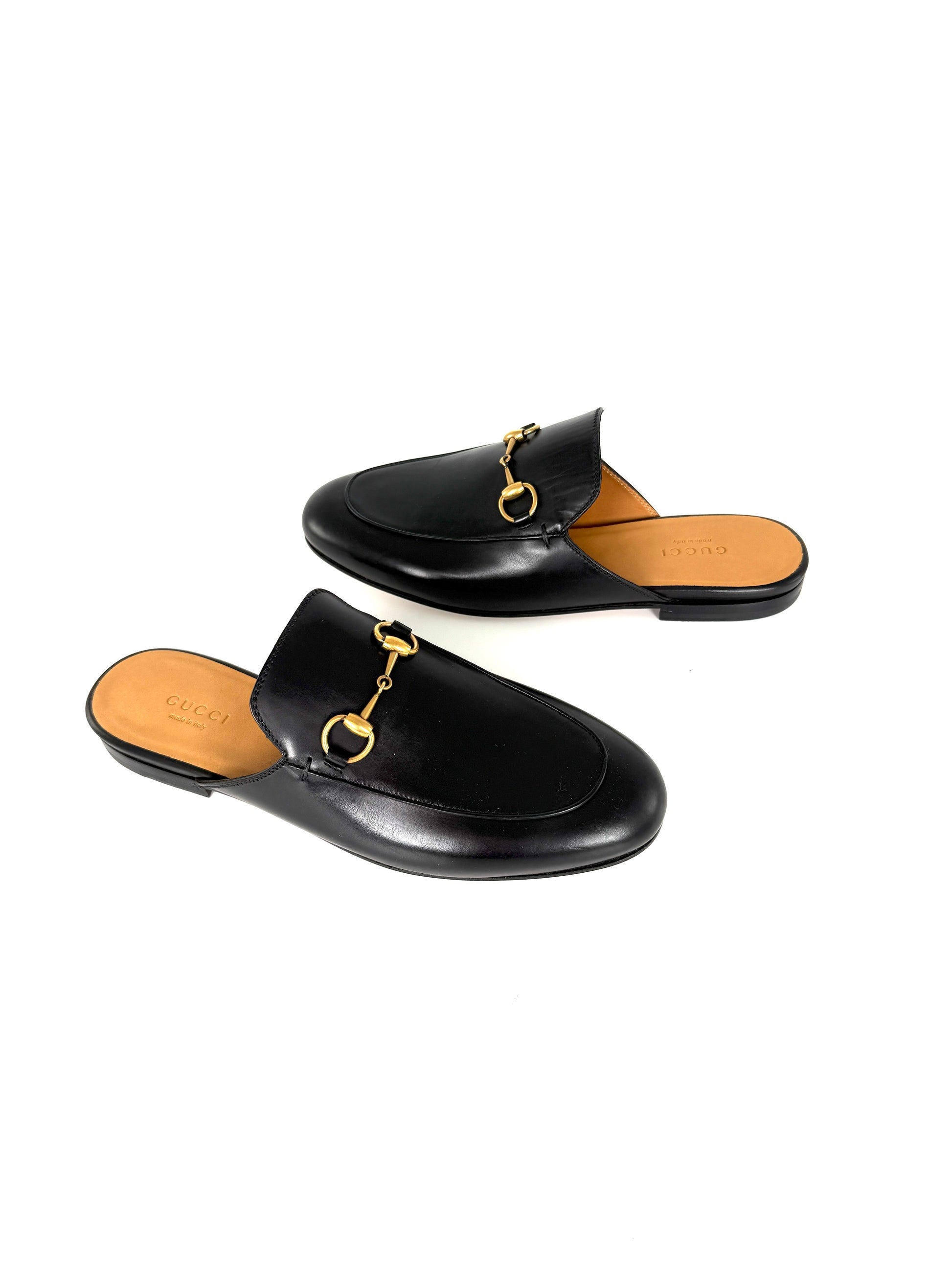GUCCI Princetown Horsebit Accent Black Leather Slipper Mules 37 7 New