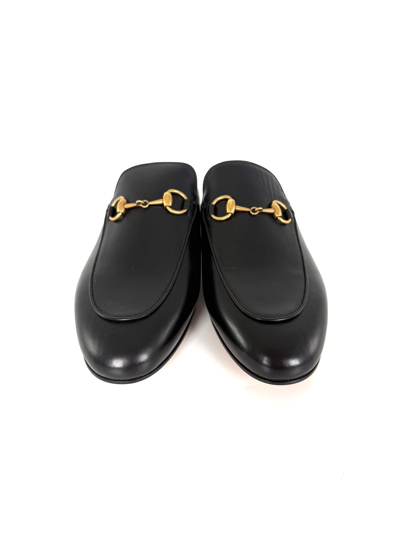 GUCCI Princetown Horsebit Accent Black Leather Slipper Mules 37 7 New