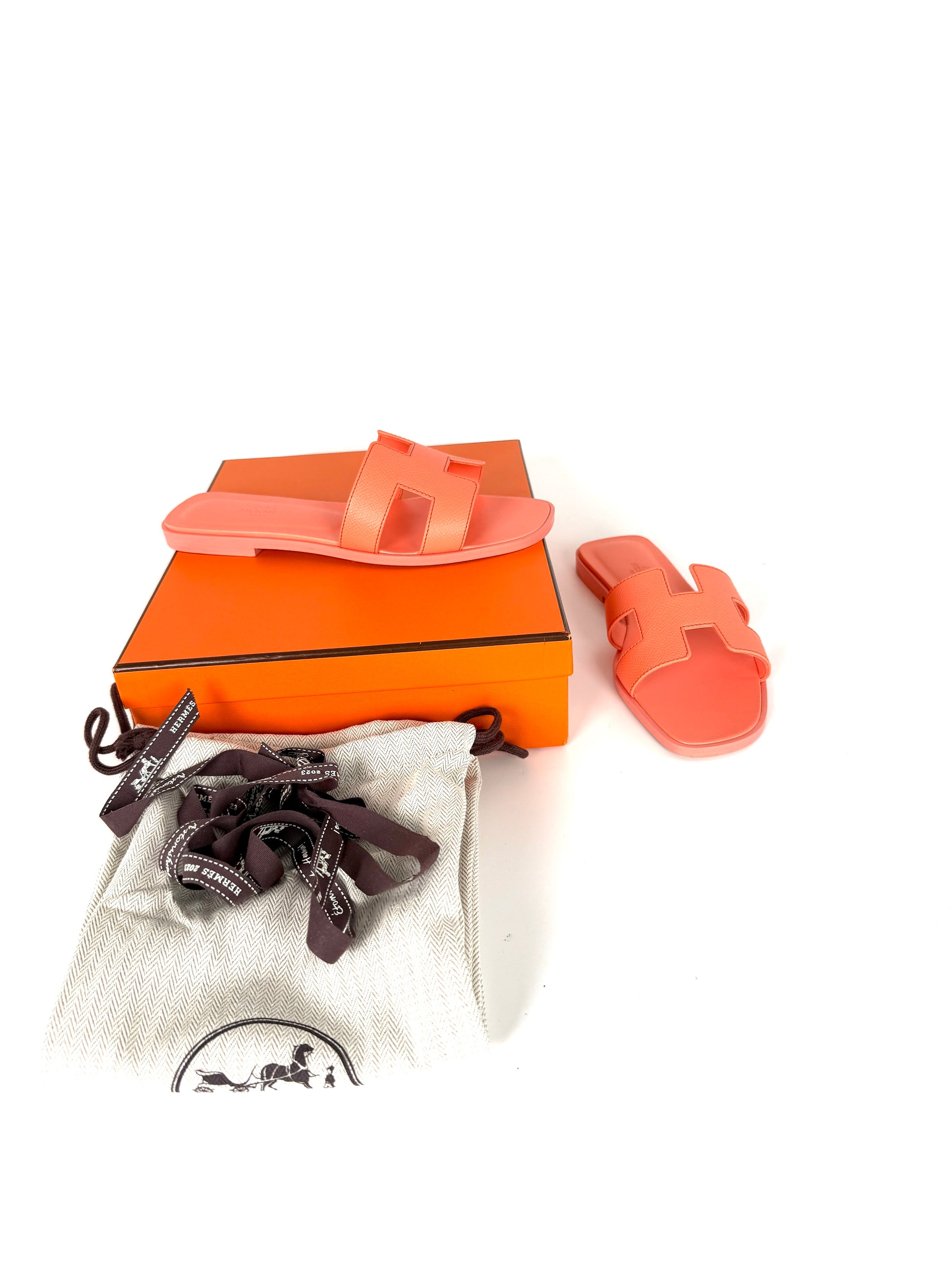 HERMES Oran Orange Joey Leather Slide Sandals 37 New