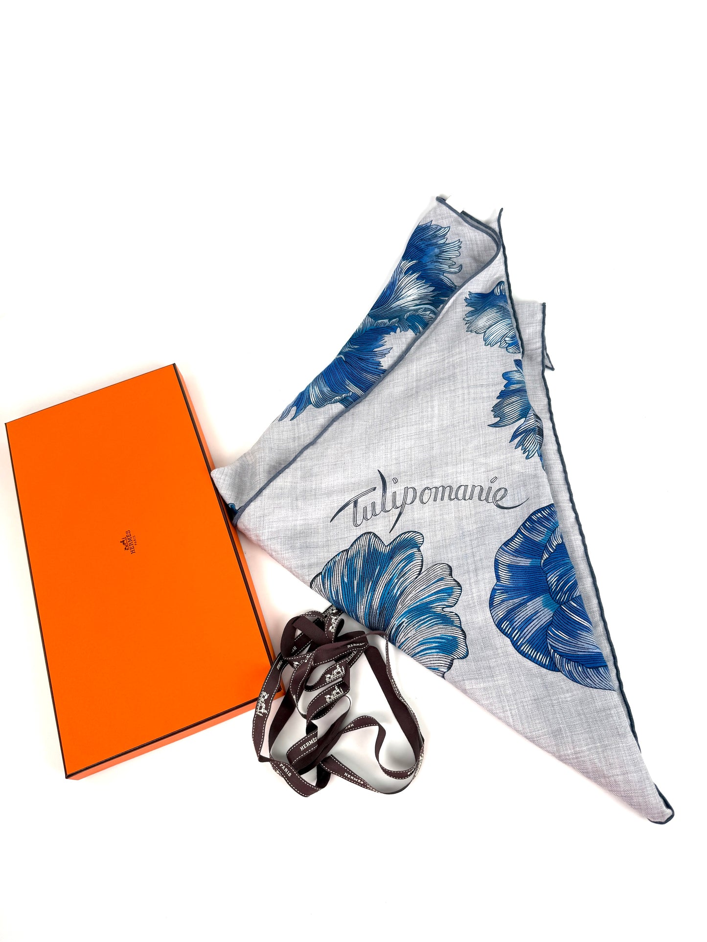 HERMES Tulipomanie Giant Triangle Gray Blue Cashmere Silk Scarf New with tag