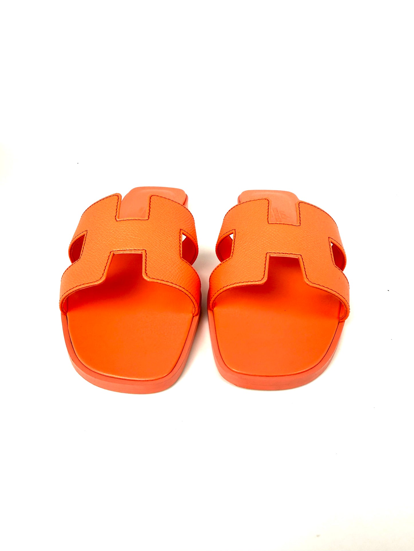 HERMES Oran Orange Joey Leather Slide Sandals 37 New