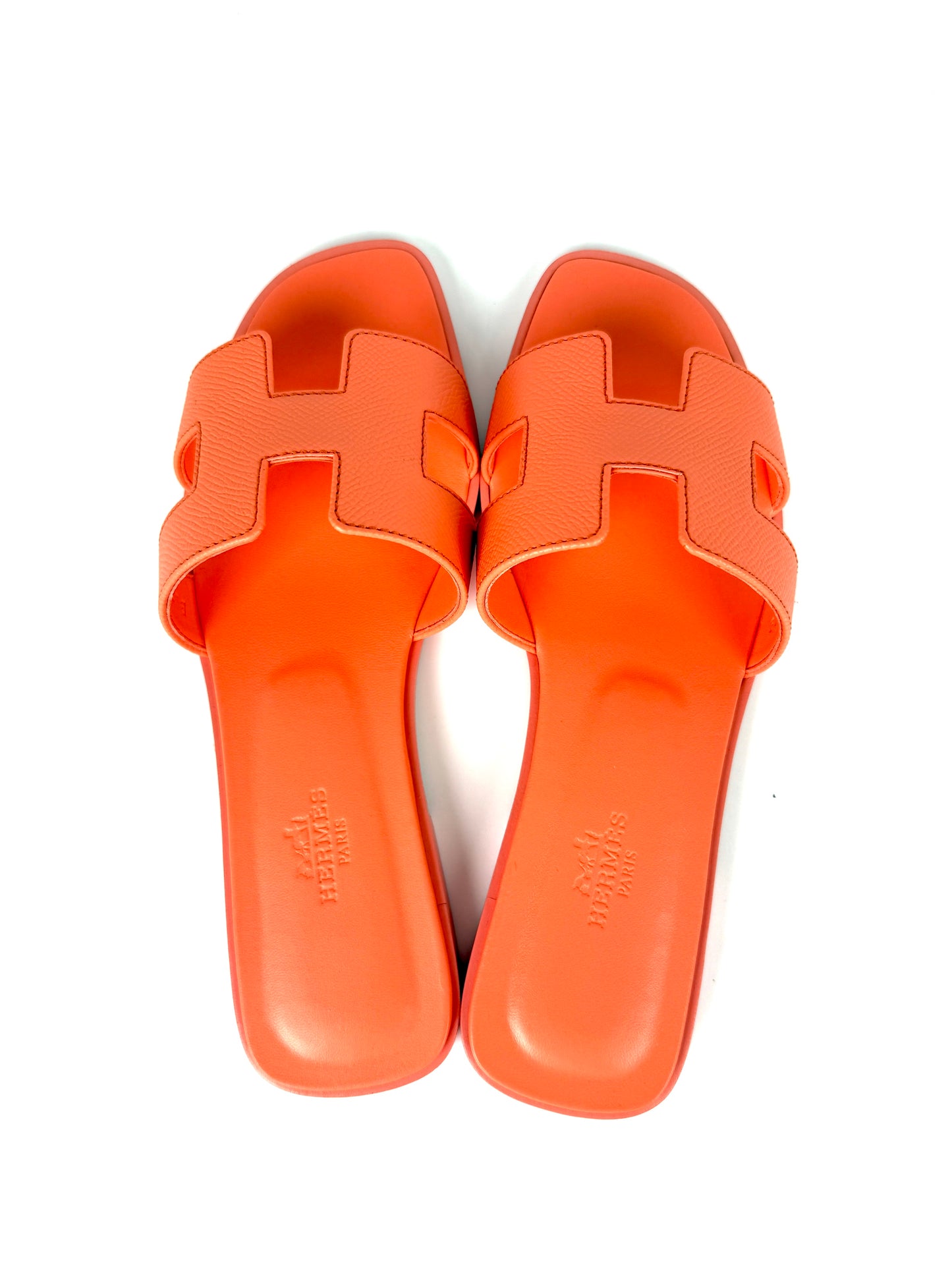 HERMES Oran Orange Joey Leather Slide Sandals 37 New