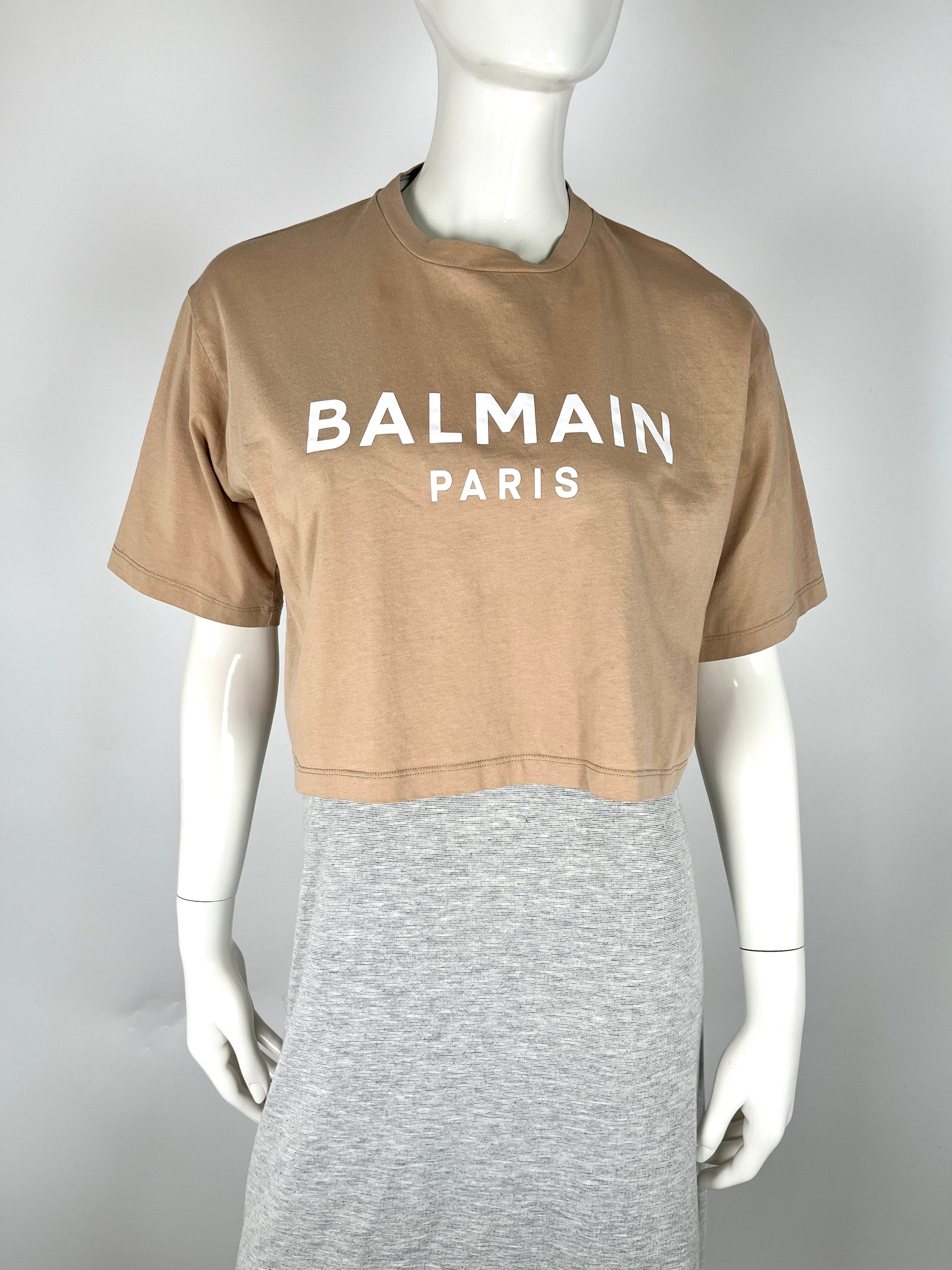 BALMAIN Paris Print Crew Neck Short Sleeve Beige Cotton Crop Top T Shirt S