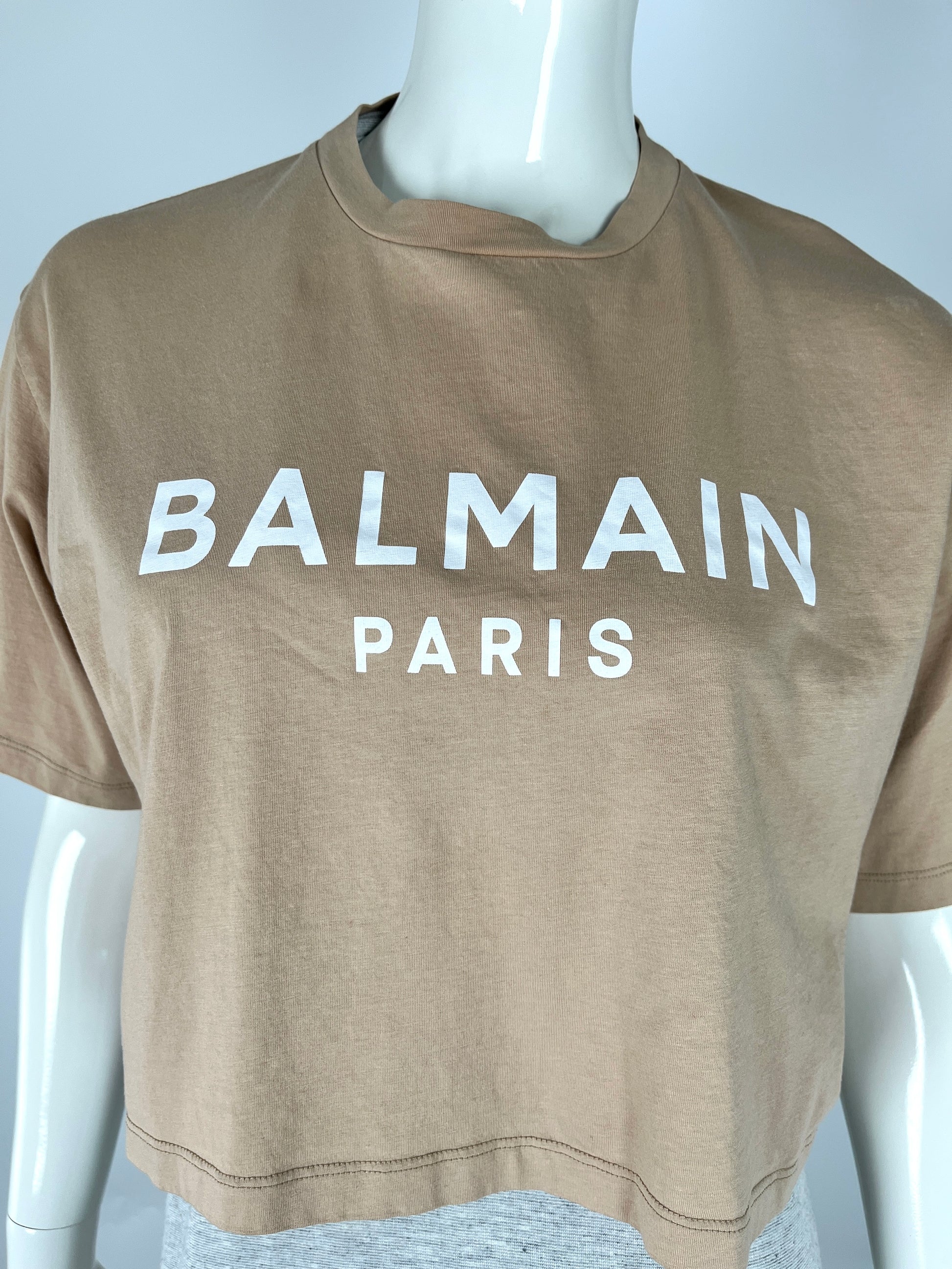 BALMAIN Paris Print Crew Neck Short Sleeve Beige Cotton Crop Top T Shirt S