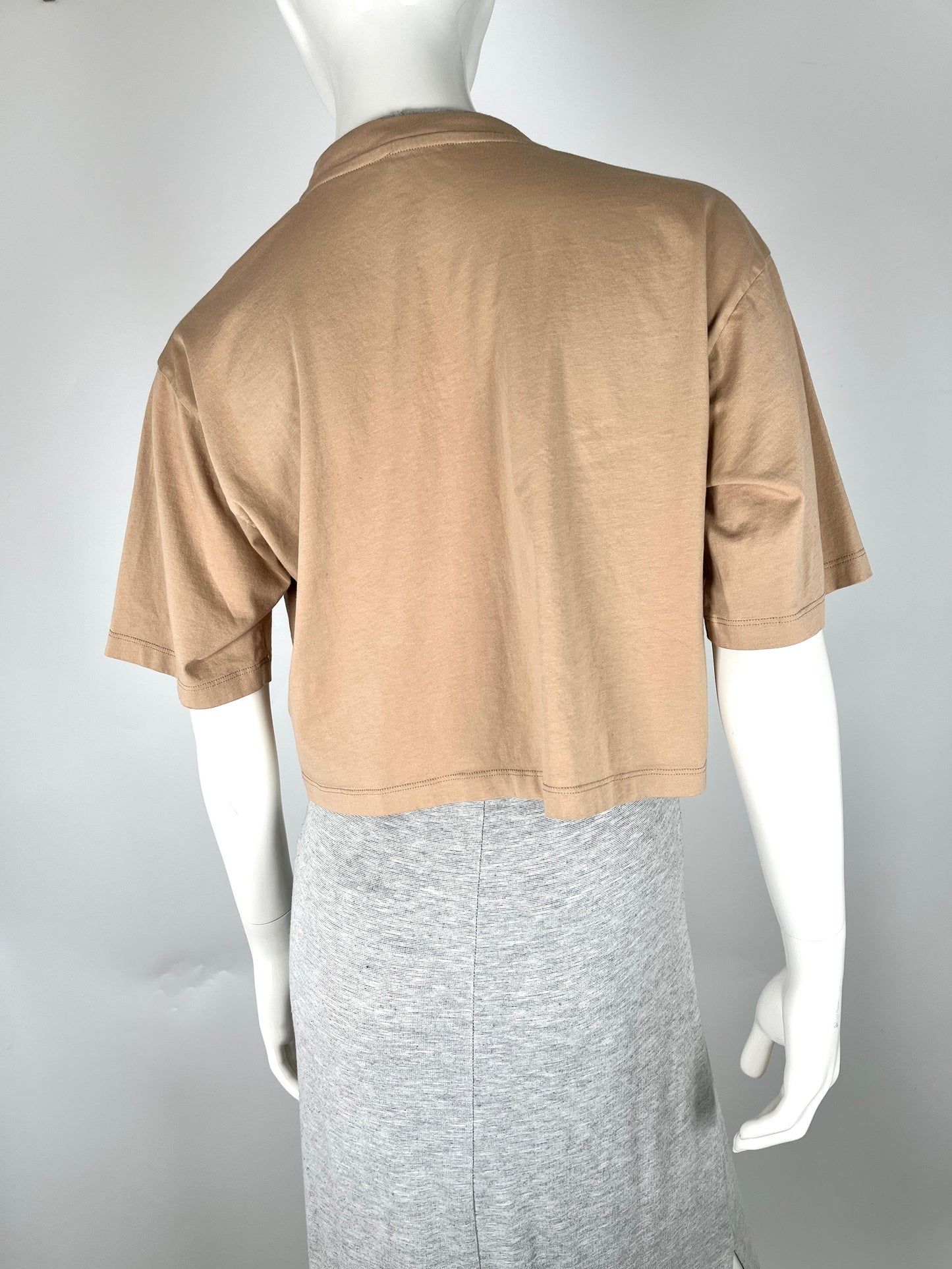 BALMAIN Paris Print Crew Neck Short Sleeve Beige Cotton Crop Top T Shirt S