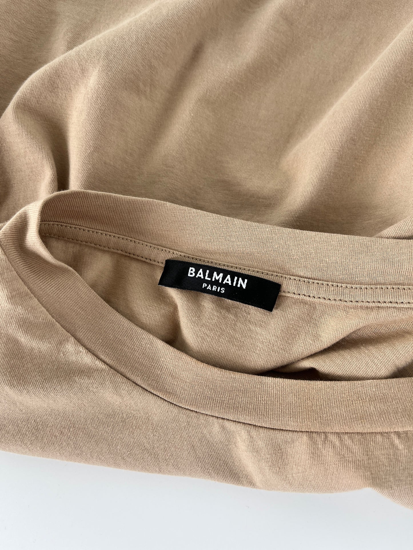 BALMAIN Paris Print Crew Neck Short Sleeve Beige Cotton Crop Top T Shirt S