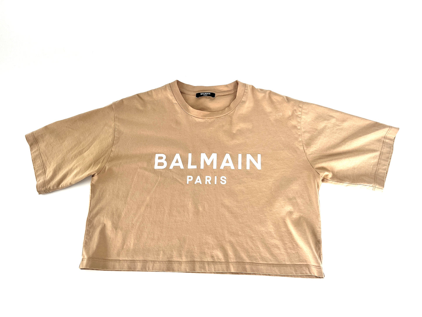 BALMAIN Paris Print Crew Neck Short Sleeve Beige Cotton Crop Top T Shirt S