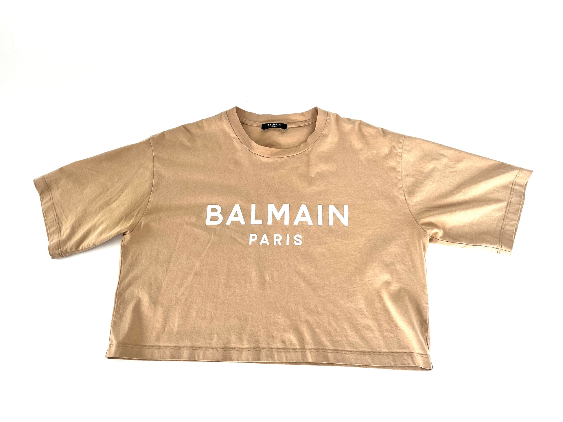 BALMAIN Paris Print Crew Neck Short Sleeve Beige Cotton Crop Top T Shirt S