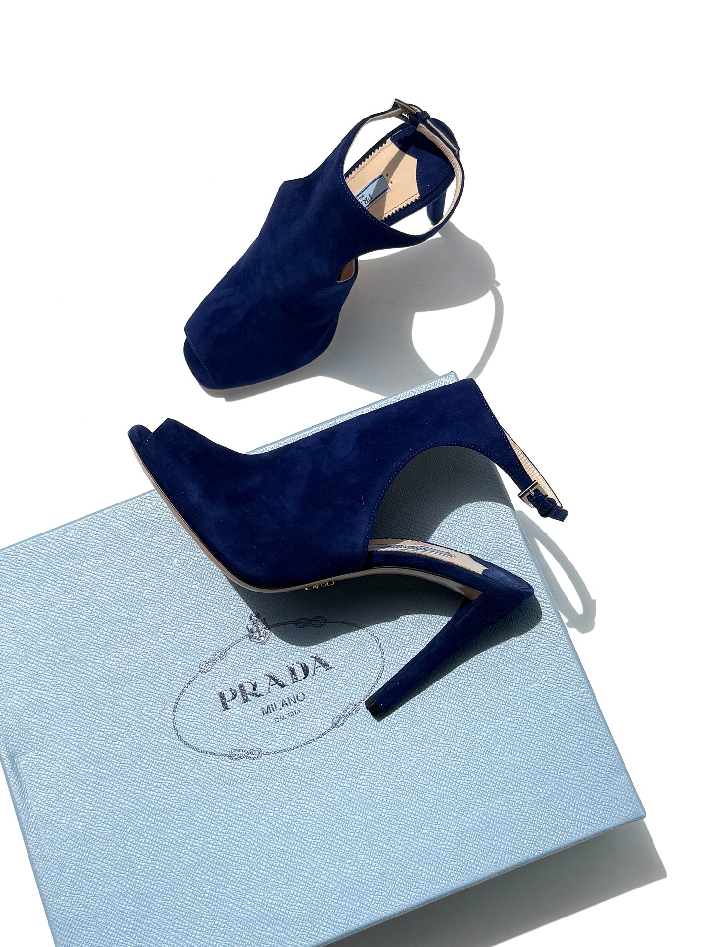 Prada Royal Blue Suede Camoscio Cut out High Heel Sandals 37.5 7 