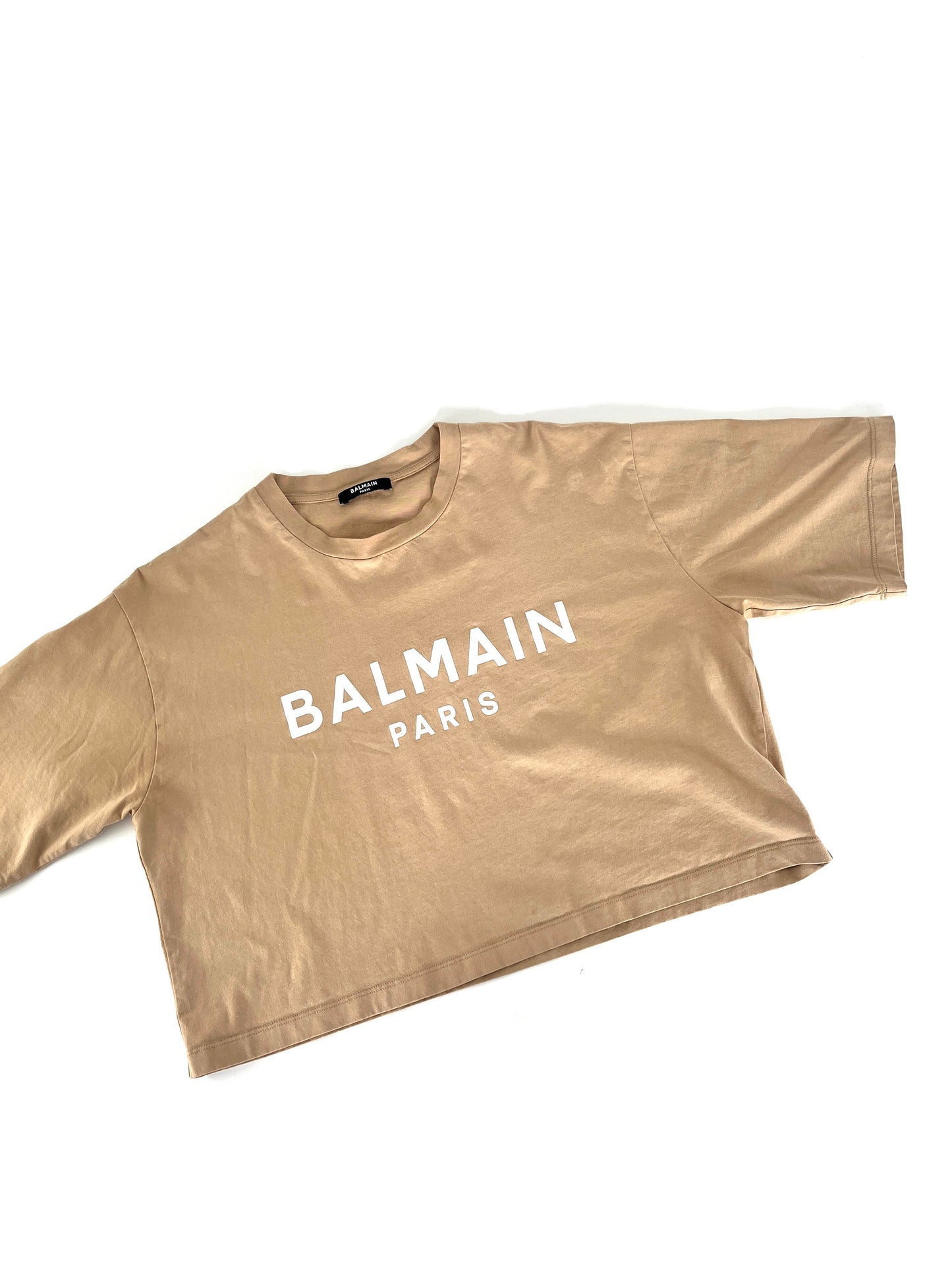 BALMAIN Paris Print Crew Neck Short Sleeve Beige Cotton Crop Top T Shirt S