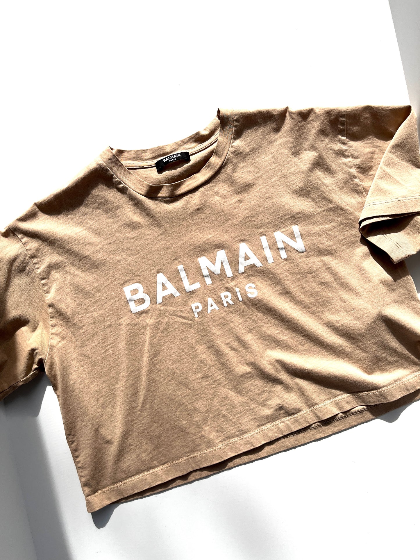 BALMAIN Paris Print Crew Neck Short Sleeve Beige Cotton Crop Top T Shirt S