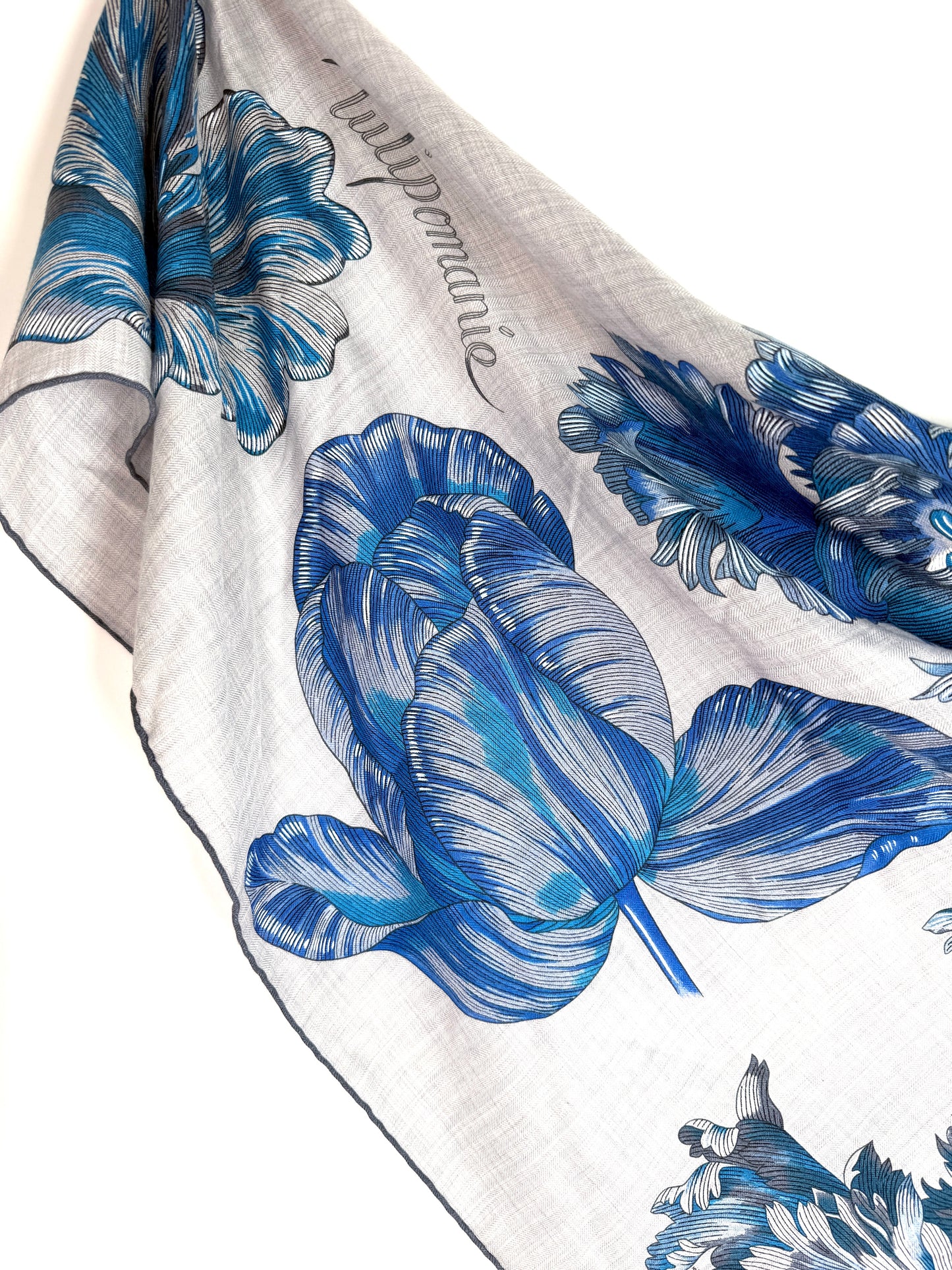 HERMES Tulipomanie Giant Triangle Gray Blue Cashmere Silk Scarf New with tag
