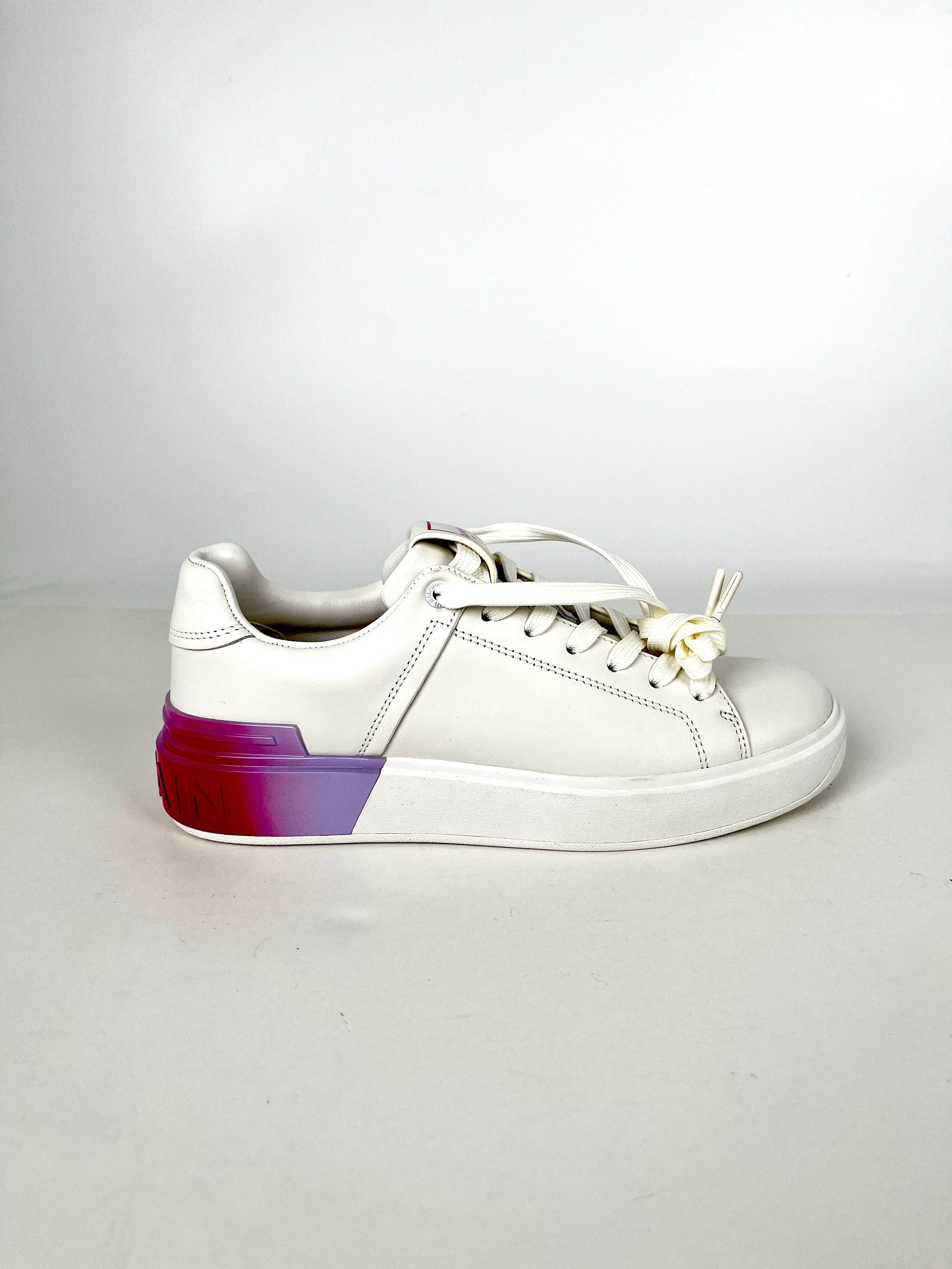 BALMAIN B-Court Trainers Low Top White Pink Calfskin Leather Sneakers 39 8.5 