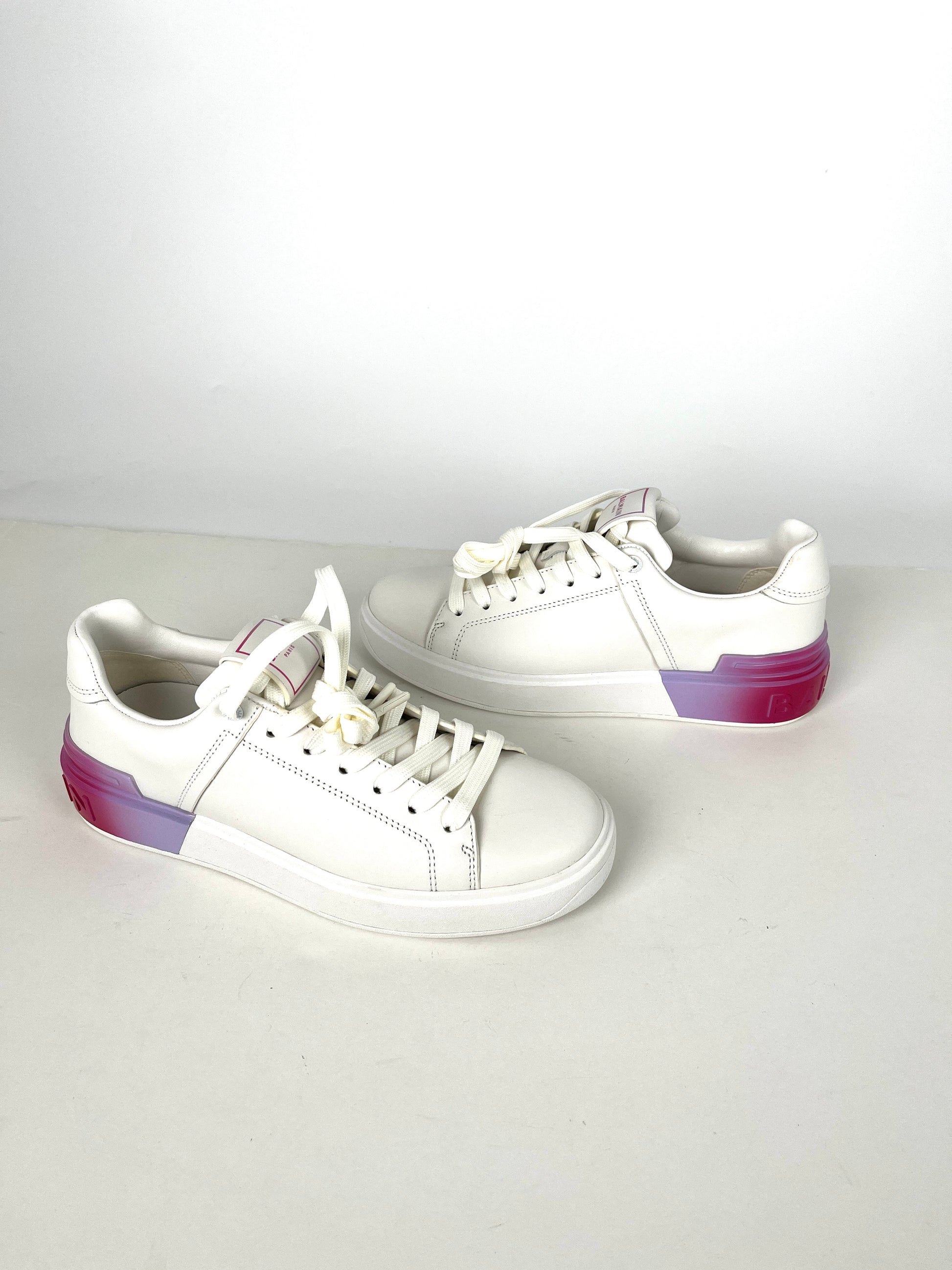 BALMAIN B-Court Trainers Low Top White Pink Calfskin Leather Sneakers 39 8.5 