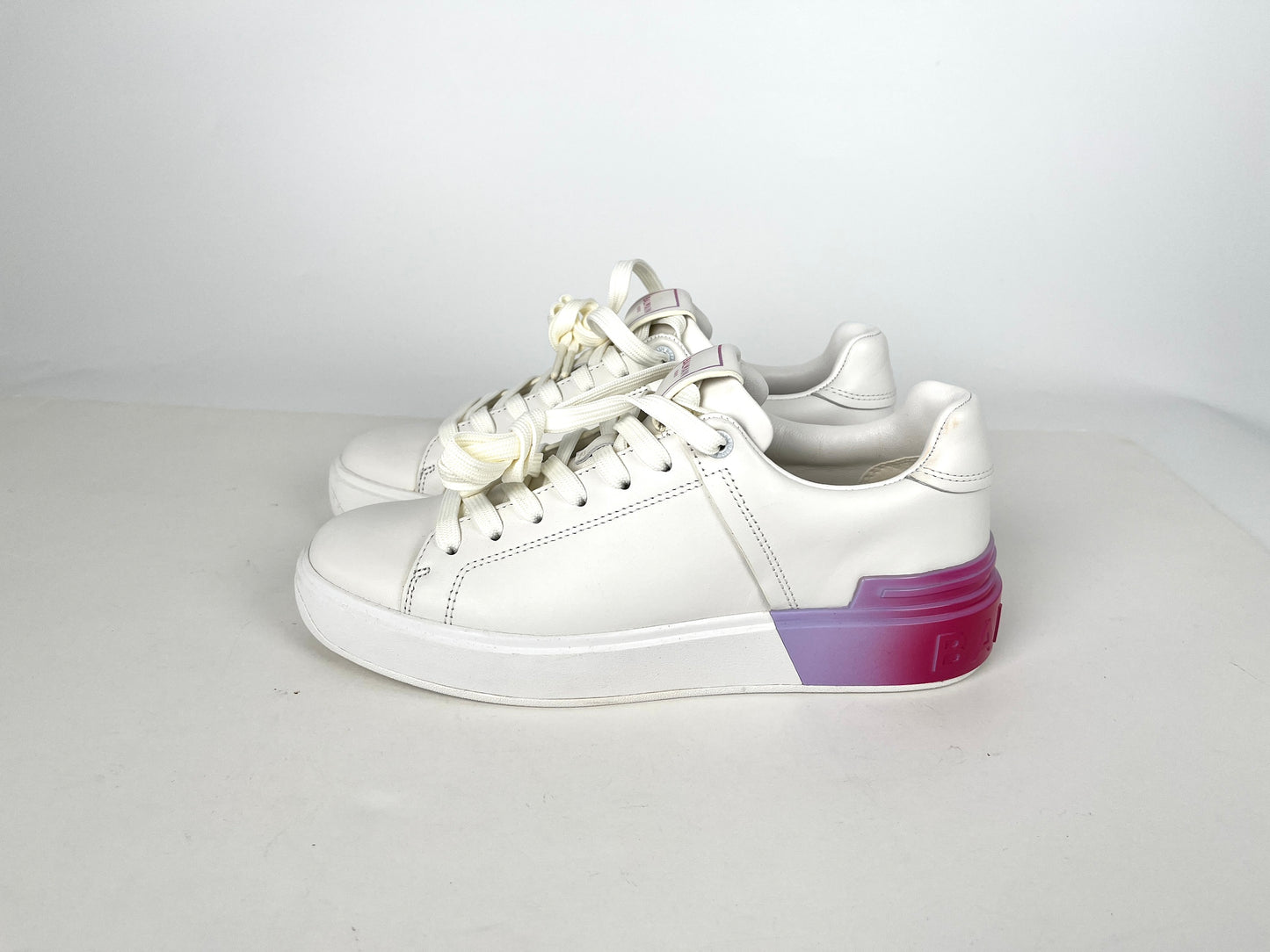 BALMAIN B-Court Trainers Low Top White Pink Calfskin Leather Sneakers 39 8.5