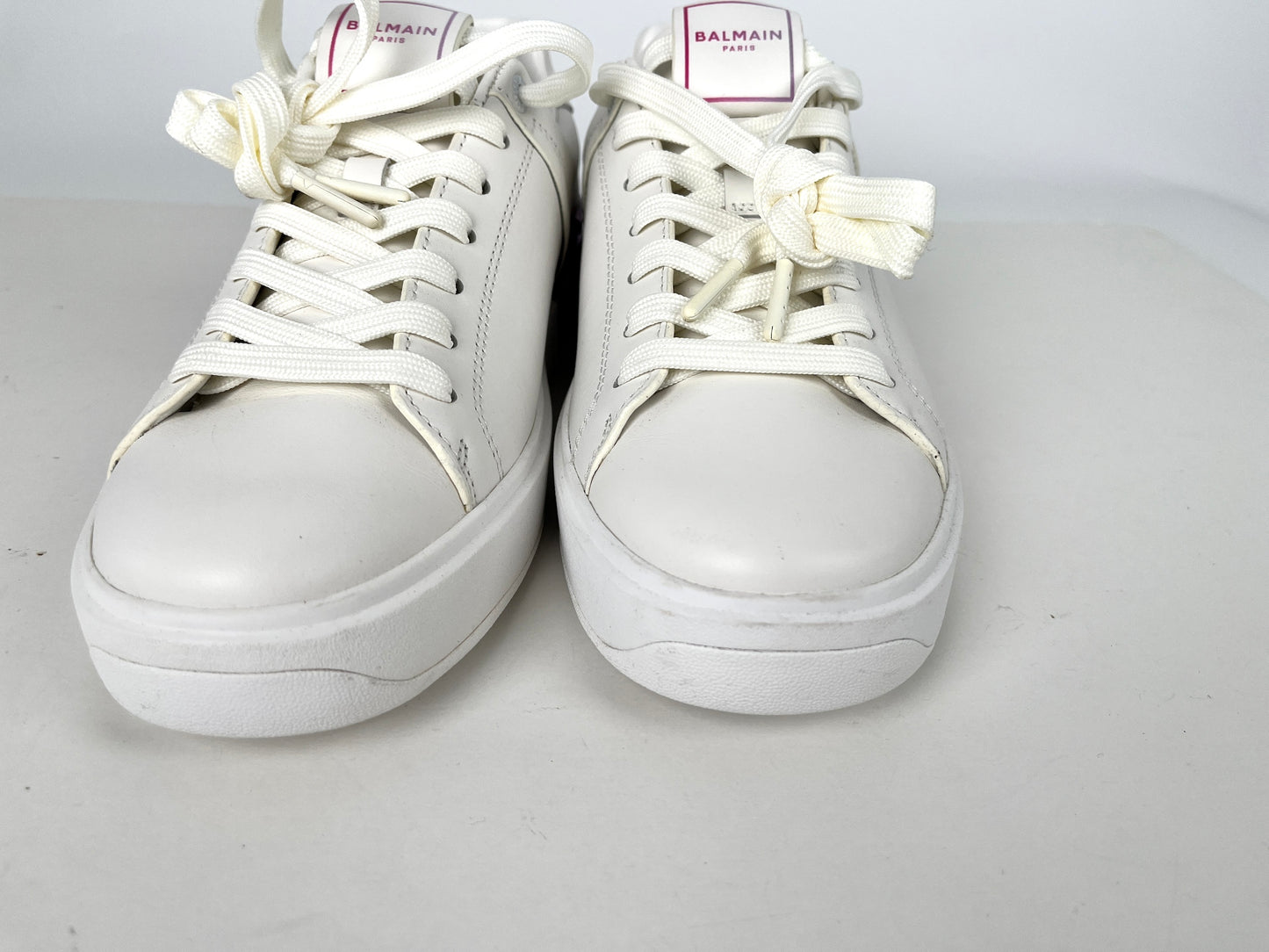 BALMAIN B-Court Trainers Low Top White Pink Calfskin Leather Sneakers 39 8.5