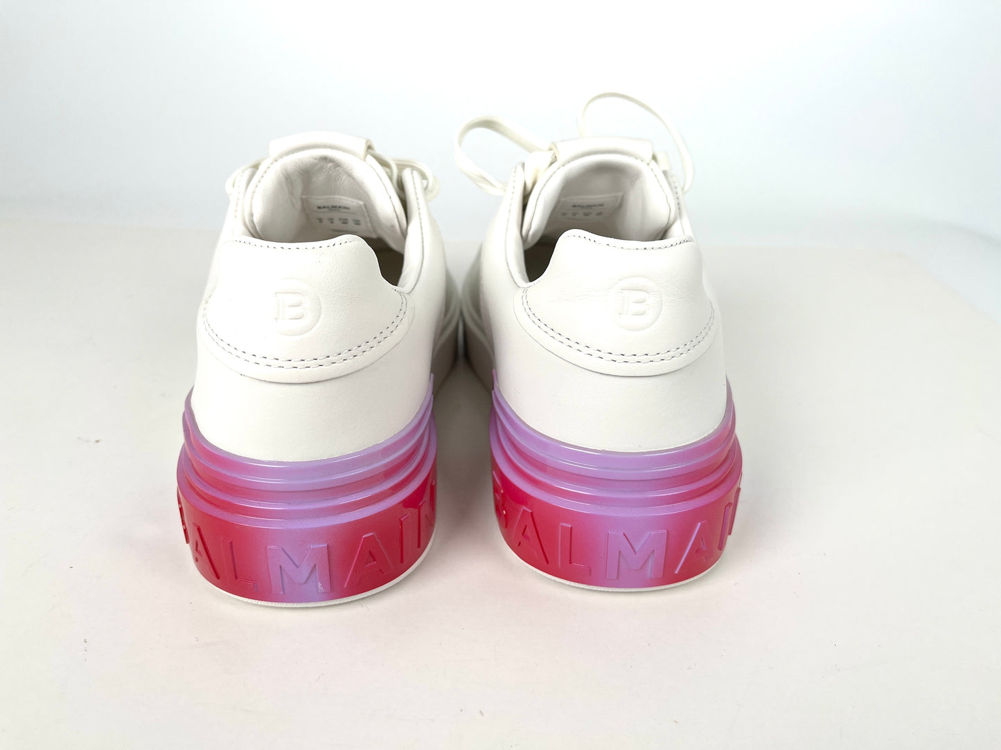 BALMAIN B-Court Trainers Low Top White Pink Calfskin Leather Sneakers 39 8.5