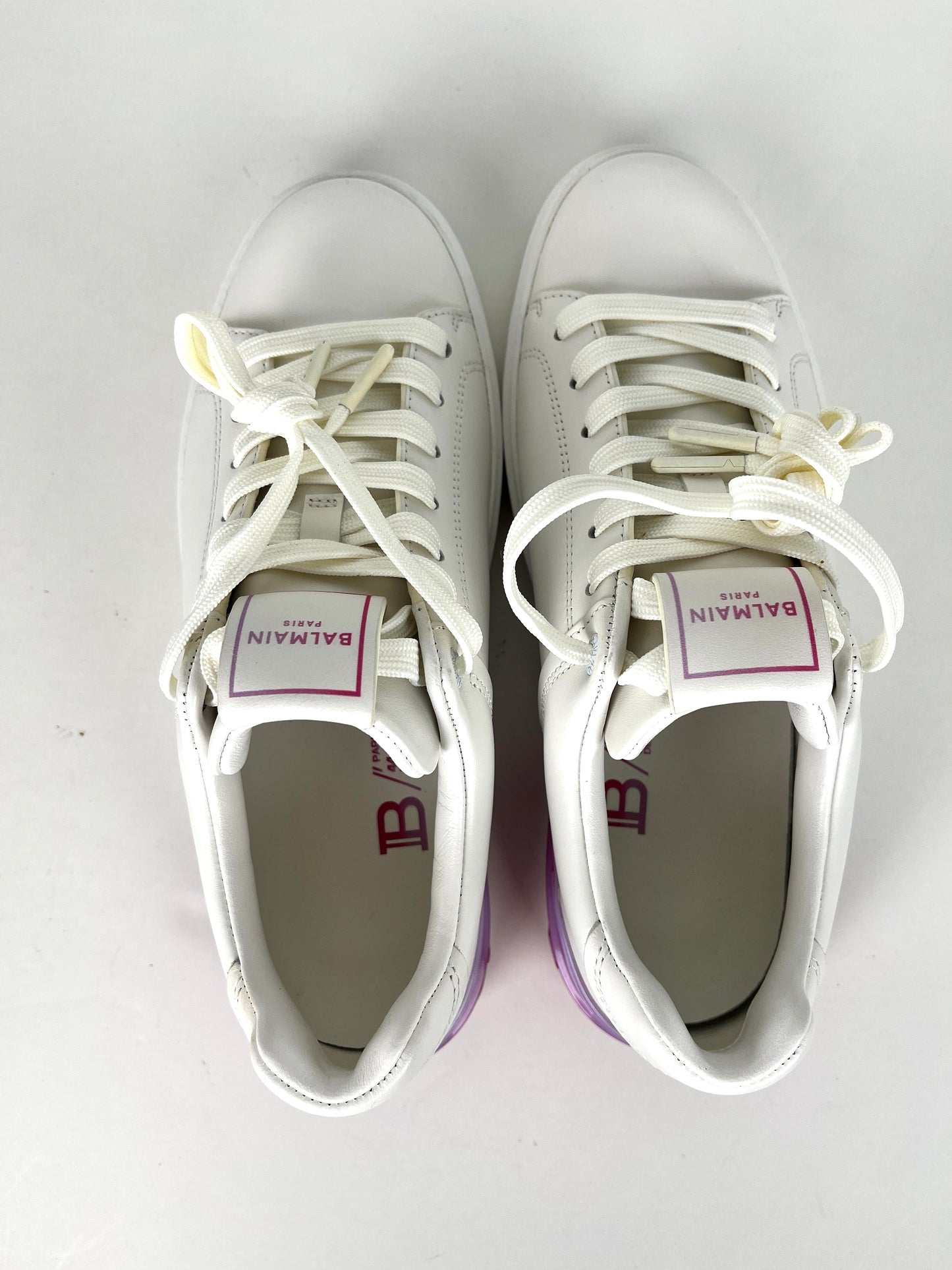 BALMAIN B-Court Trainers Low Top White Pink Calfskin Leather Sneakers 39 8.5