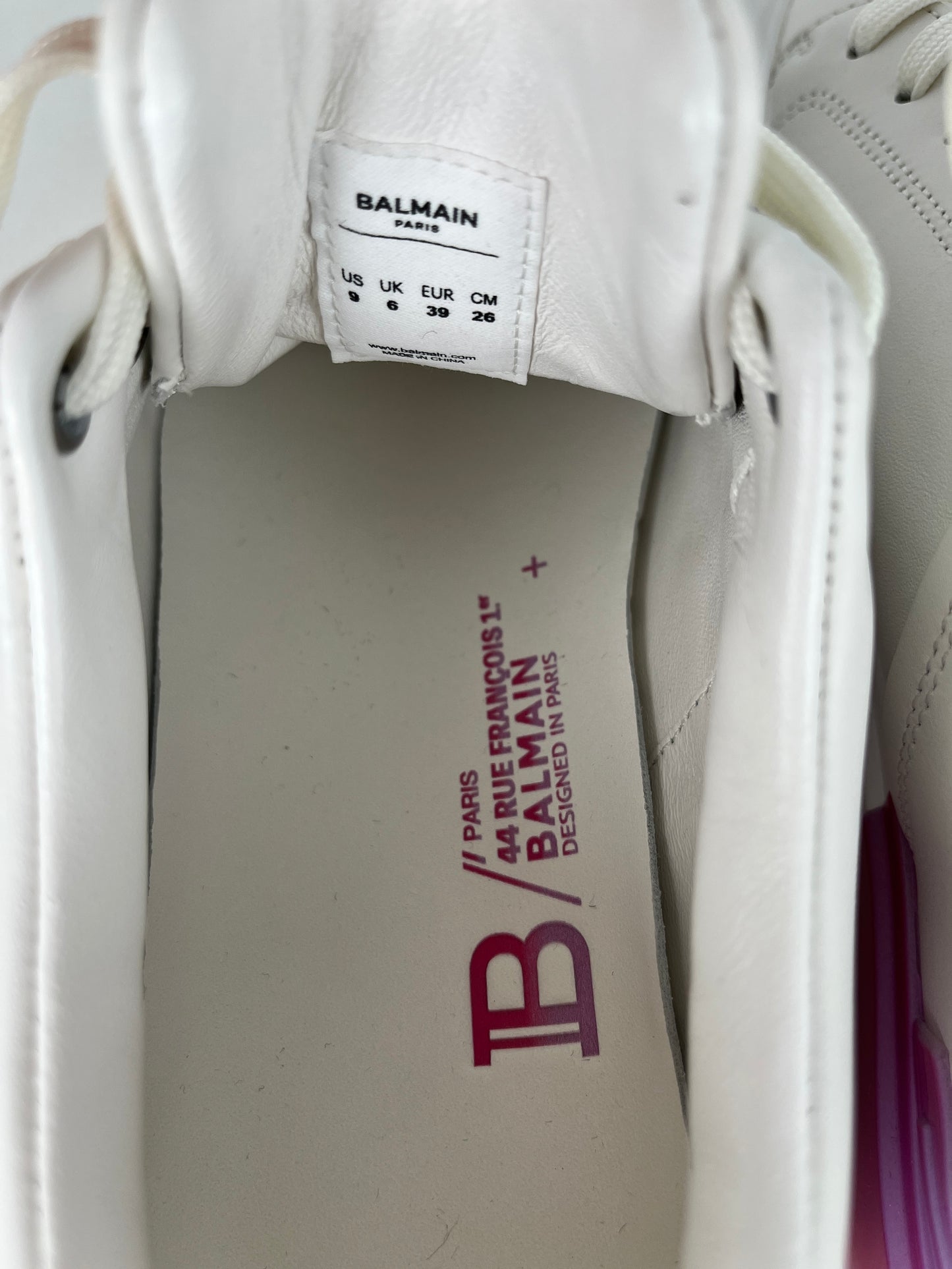 BALMAIN B-Court Trainers Low Top White Pink Calfskin Leather Sneakers 39 8.5