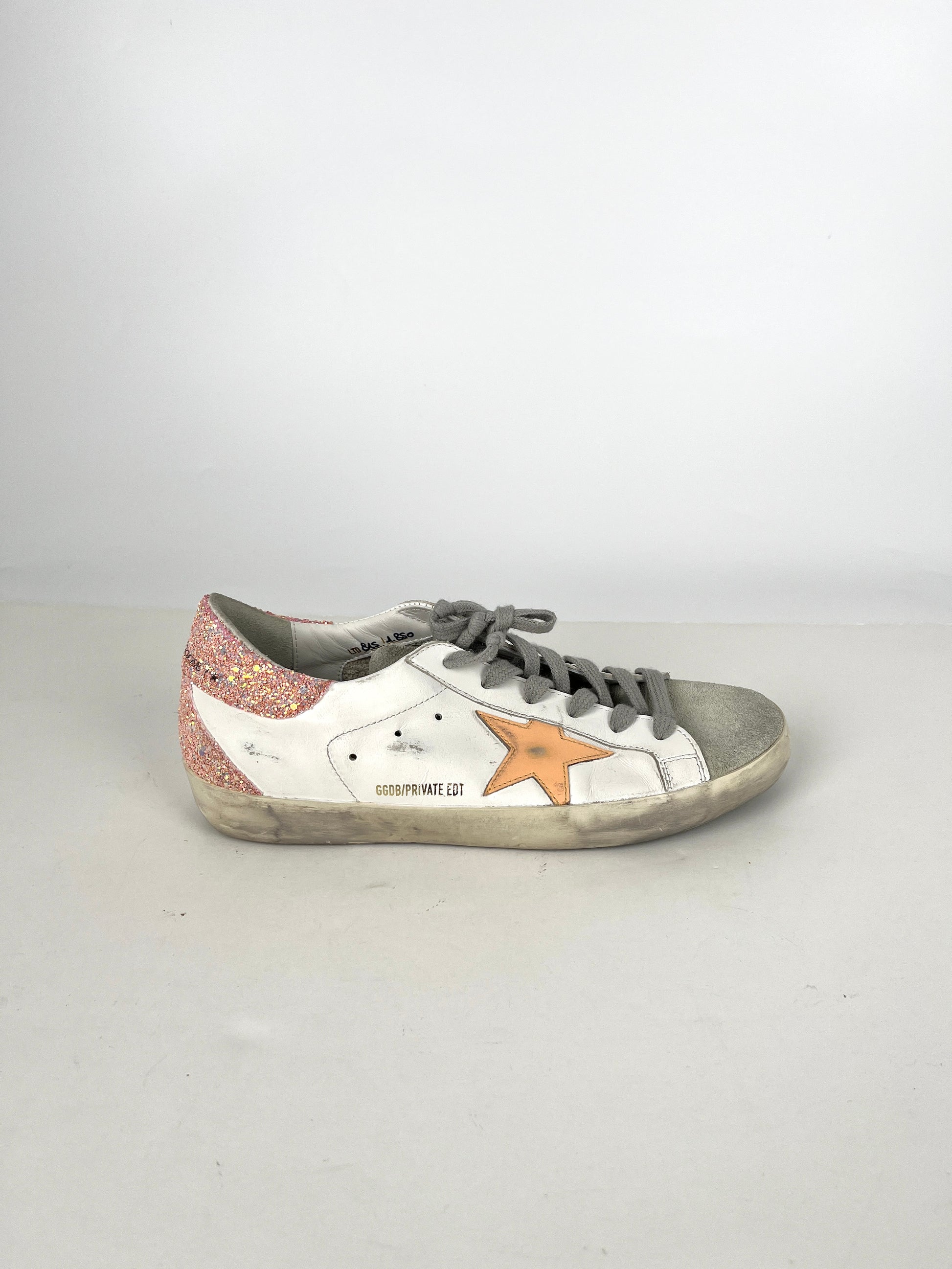 Golden Goose Superstar Low Top White Peach Glitter Leather Sneakers 39 8.5 