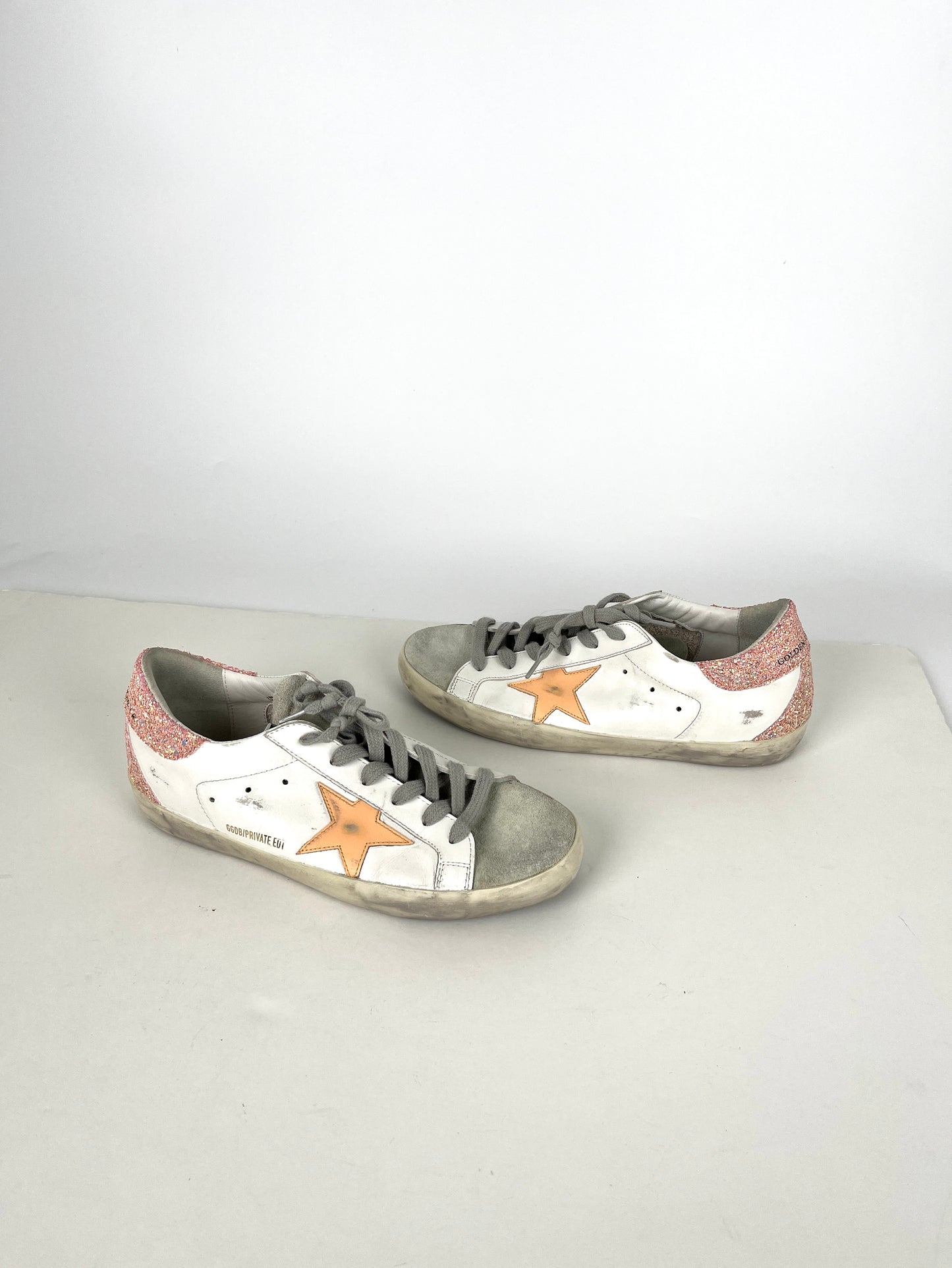 Golden Goose Superstar Low Top White Peach Glitter Leather Sneakers 39 8.5 