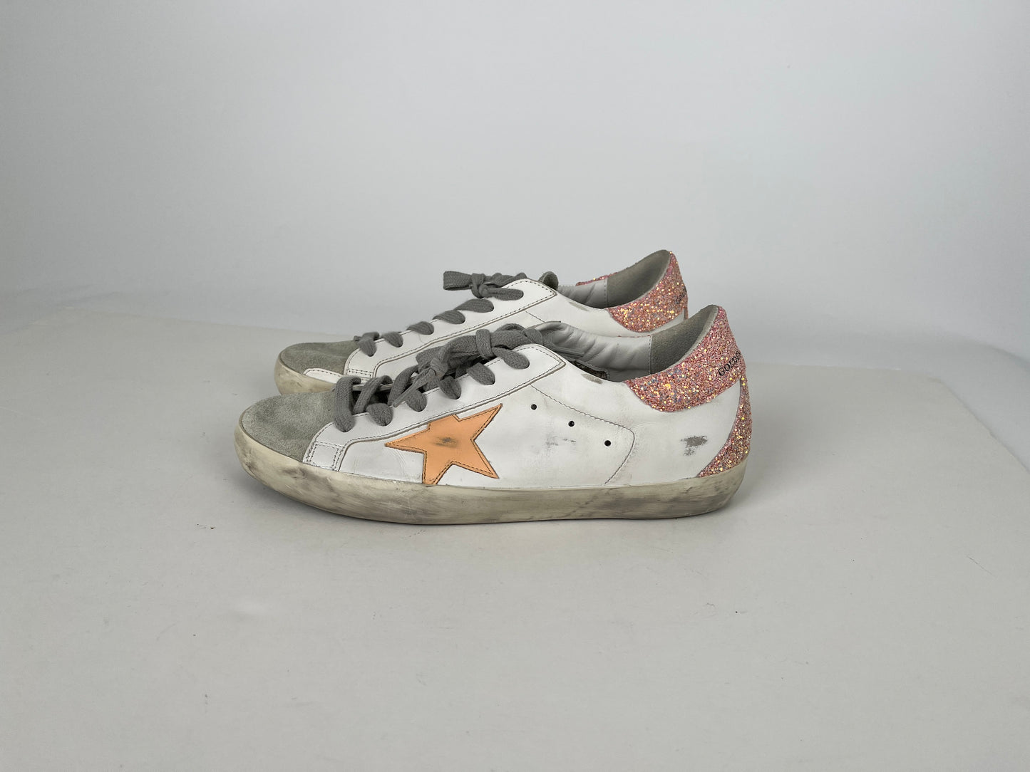 Golden Goose Superstar Low Top White Peach Glitter Leather Sneakers 39 8.5 