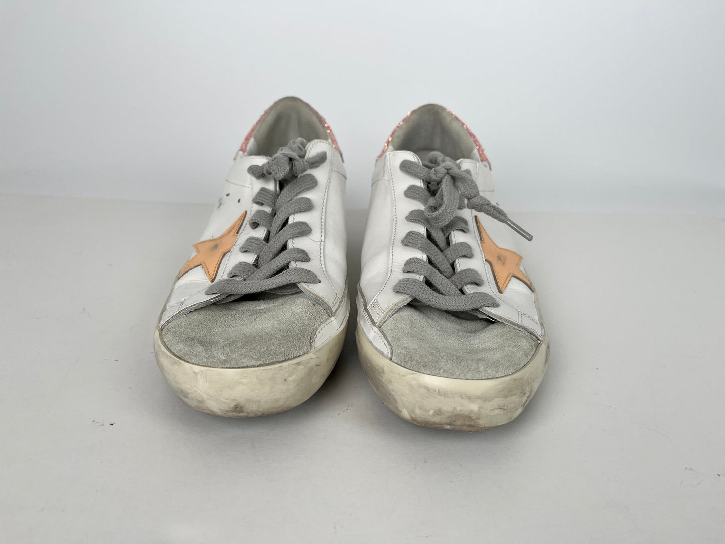 Golden Goose Superstar Low Top White Peach Glitter Leather Sneakers 39 8.5