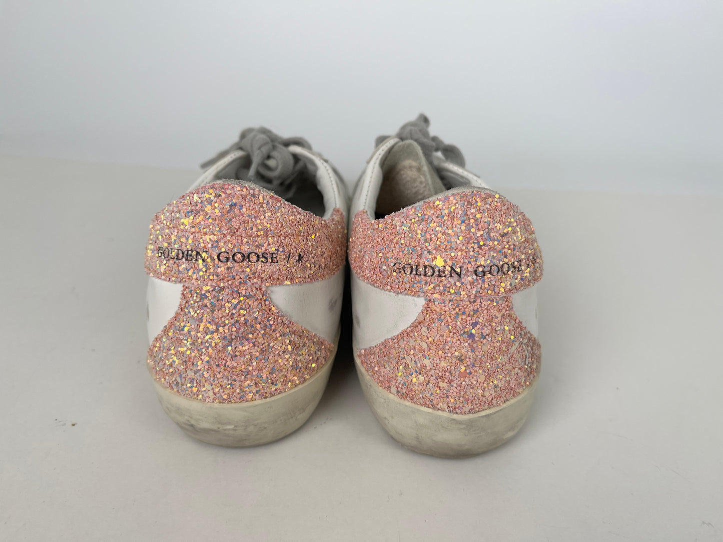 Golden Goose Superstar Low Top White Peach Glitter Leather Sneakers 39 8.5