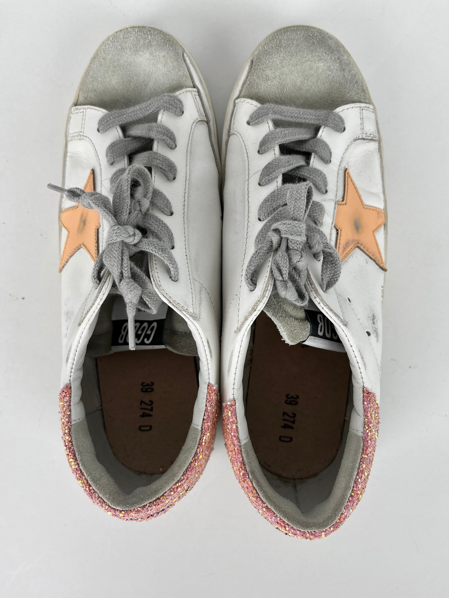 Golden Goose Superstar Low Top White Peach Glitter Leather Sneakers 39 8.5