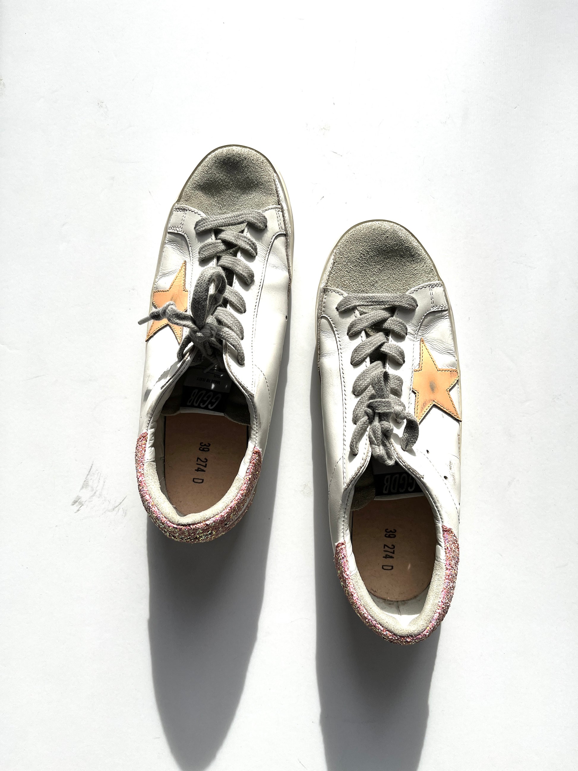 Golden Goose Superstar Low Top White Peach Glitter Leather Sneakers 39 8.5 