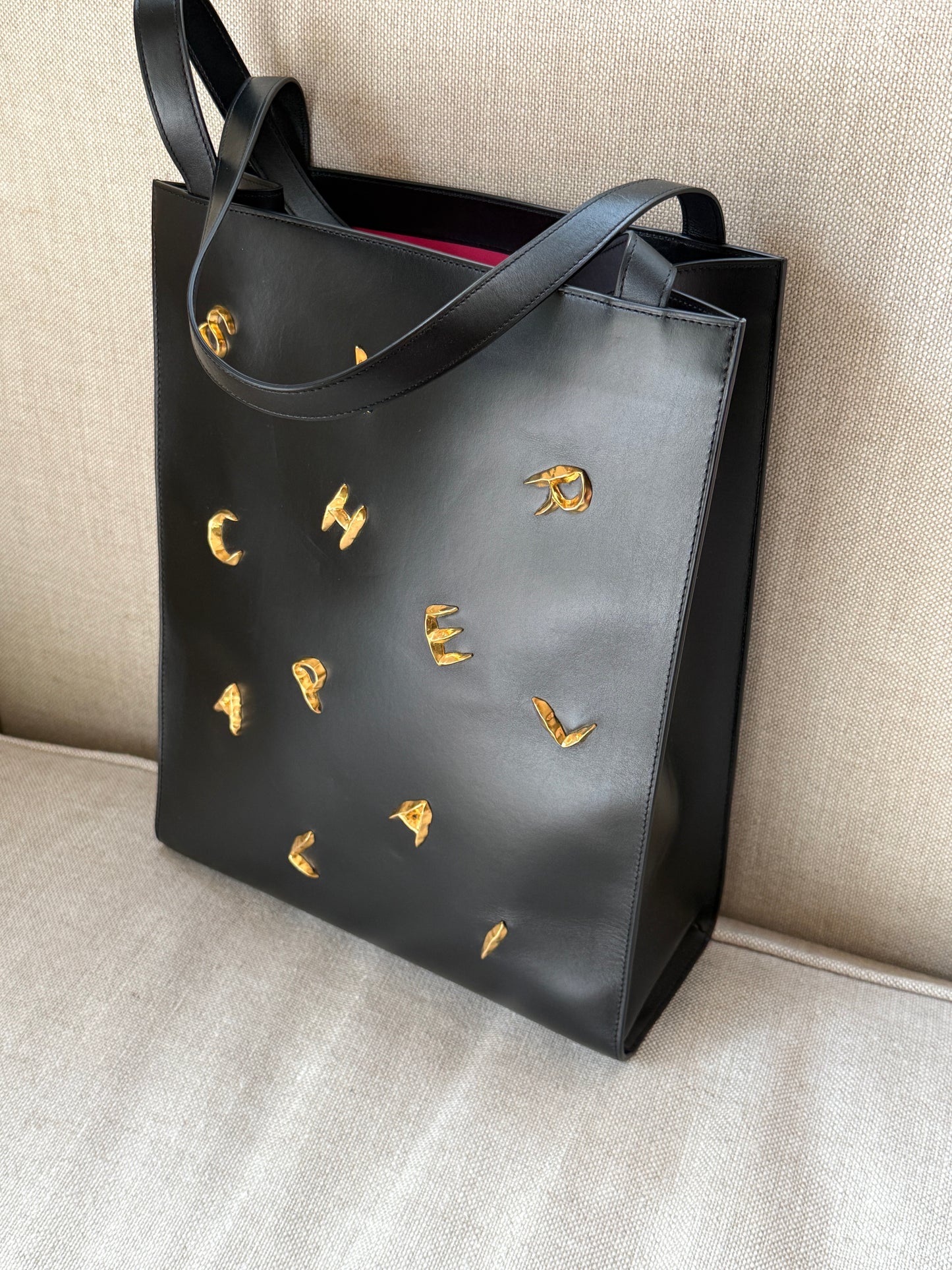 Schiaparelli Gold Plated Bijoux Embellished Black North South Leather Tote Shoulder Bag 