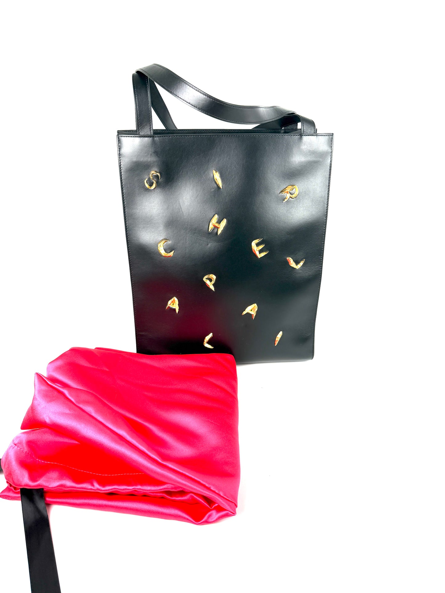 Schiaparelli Gold Plated Bijoux Embellished Black North South Leather Tote Shoulder Bag 