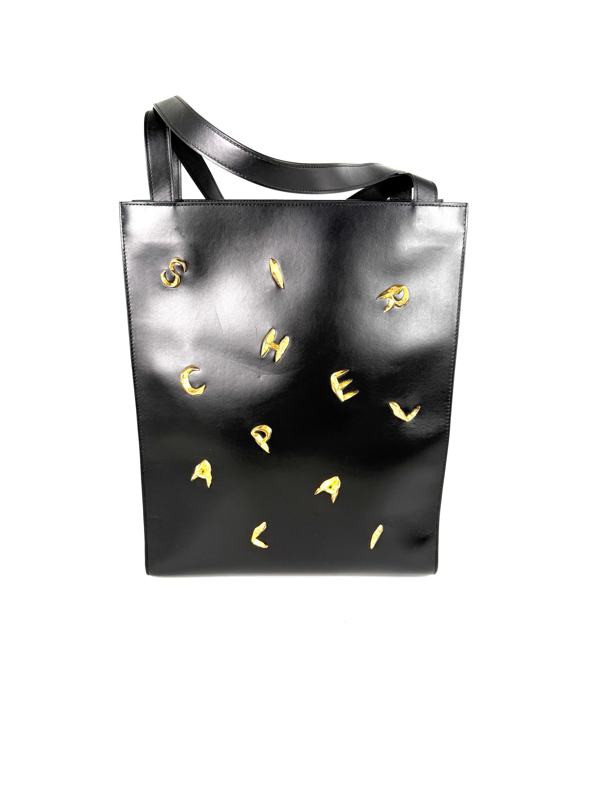 Schiaparelli Gold Plated Bijoux Embellished Black North South Leather Tote Shoulder Bag 