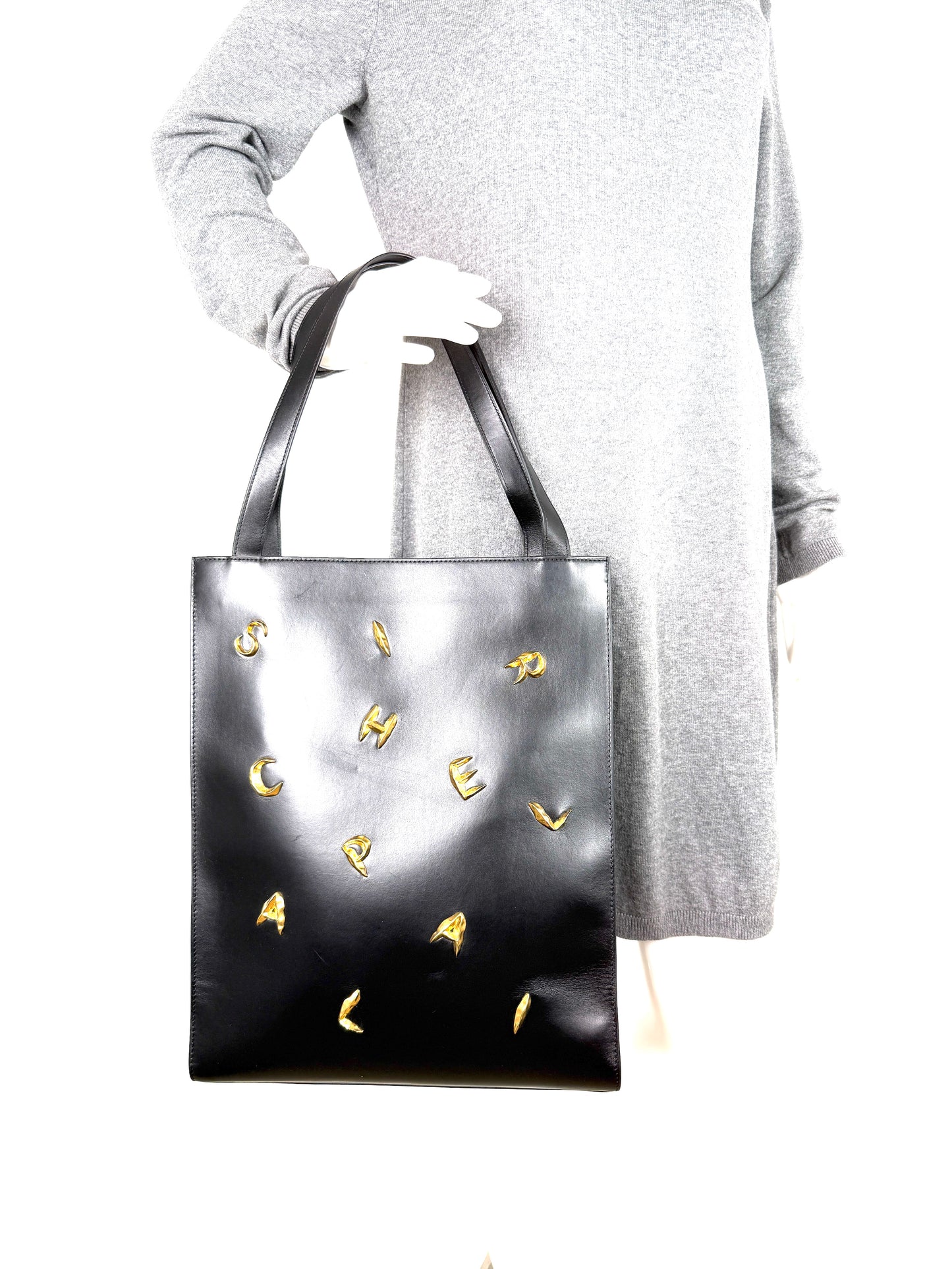 Schiaparelli Gold Plated Bijoux Embellished Black North South Leather Tote Shoulder Bag 