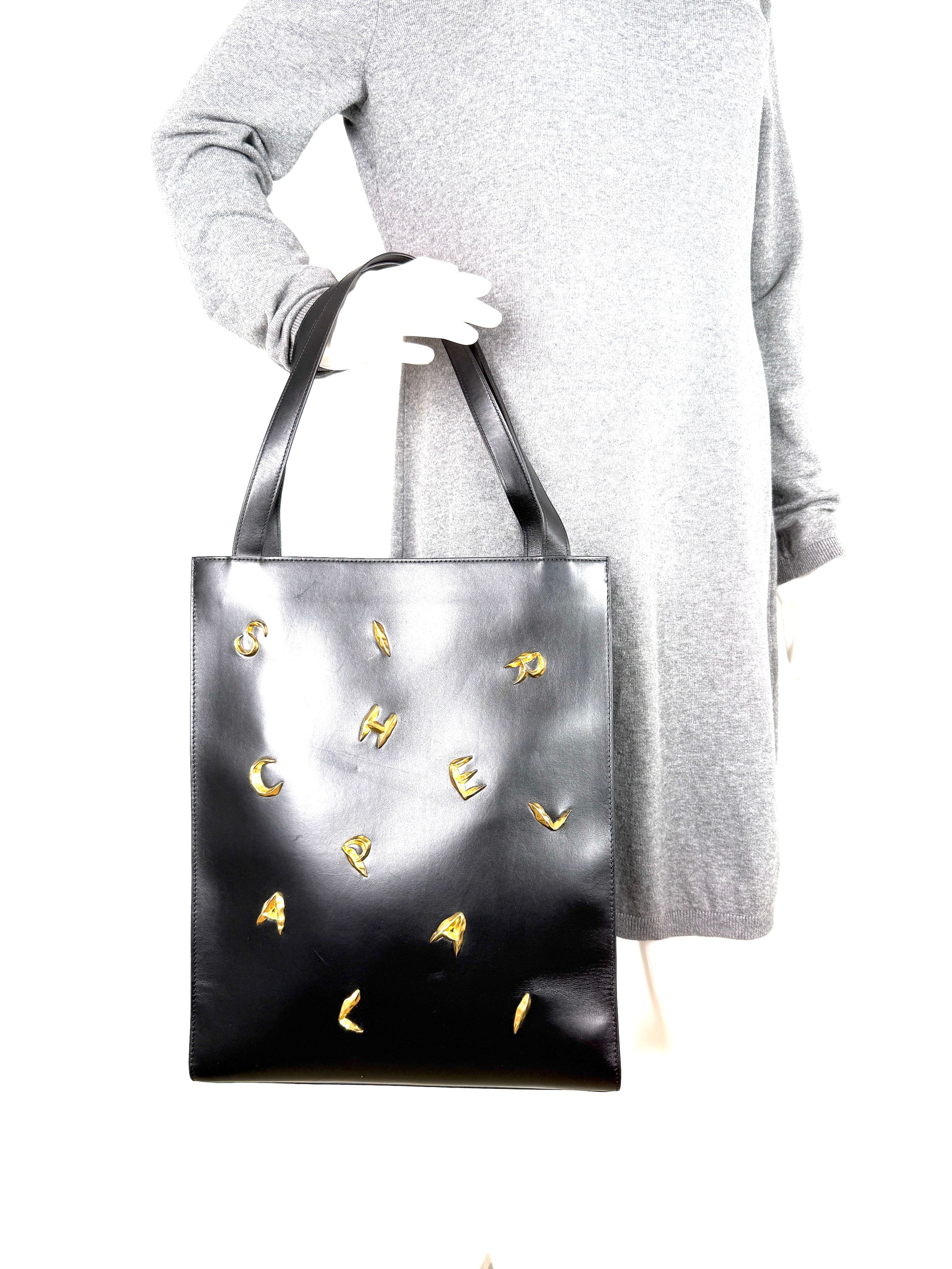Schiaparelli Gold Plated Bijoux Embellished Black North South Leather Tote Shoulder Bag 